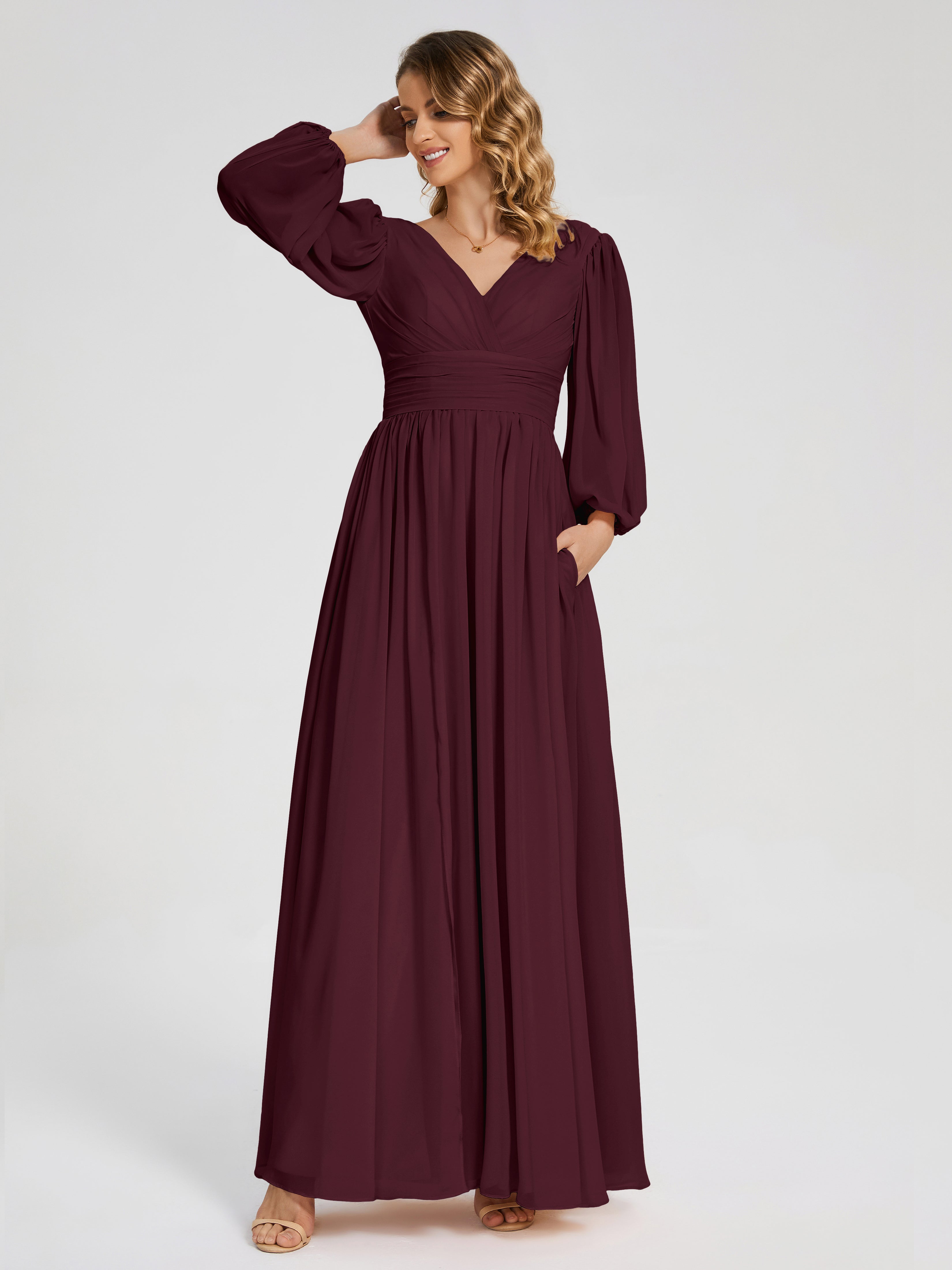 Robes De Demoiselle D'Honneur Cabernet Manches Longues Dos Nu Mousseline Robes Demoiselle D'Honneur