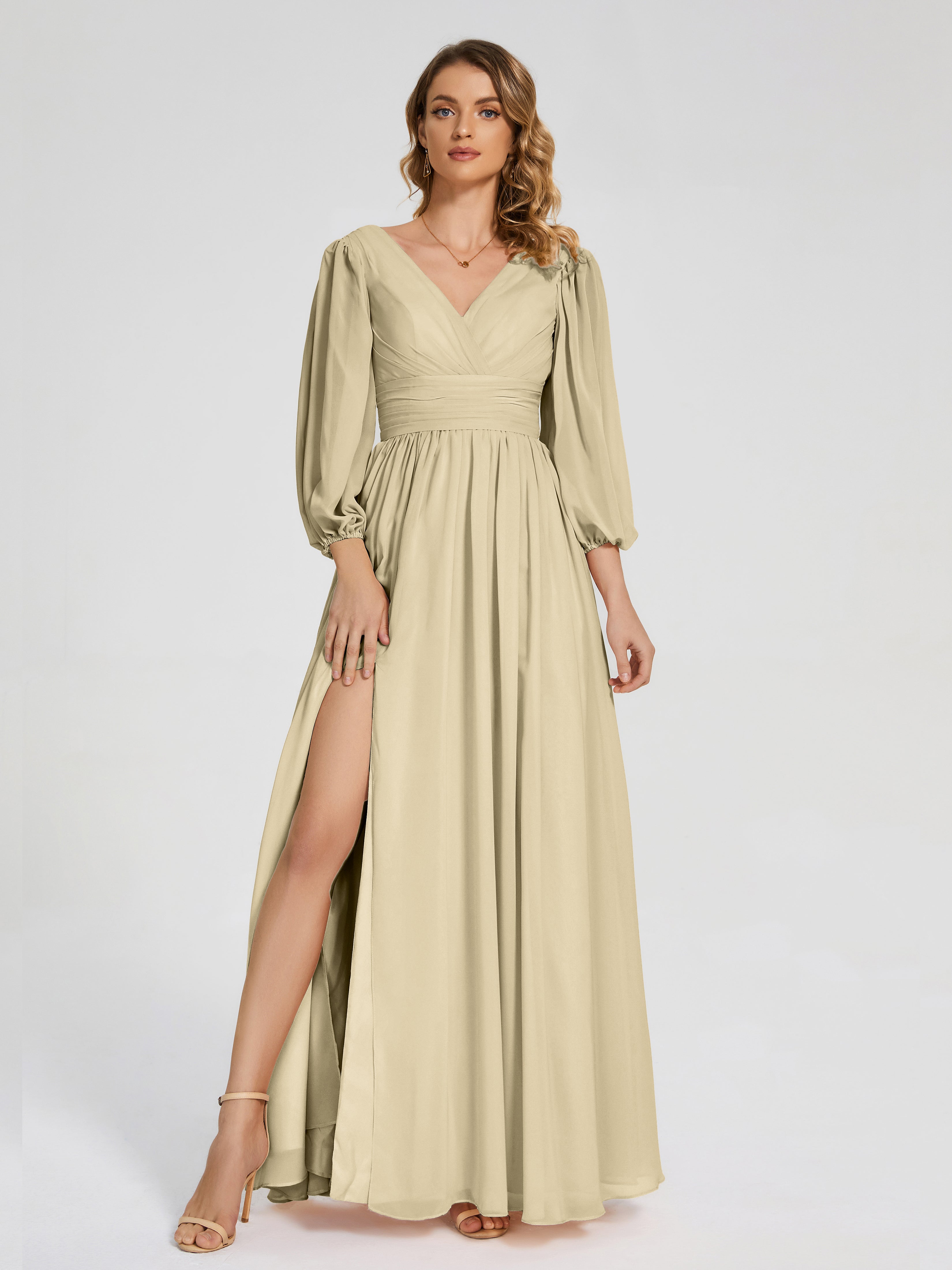 Robes De Demoiselle D'Honneur Champagne Manches Longues Dos Nu Mousseline Robes Demoiselle D'Honneur