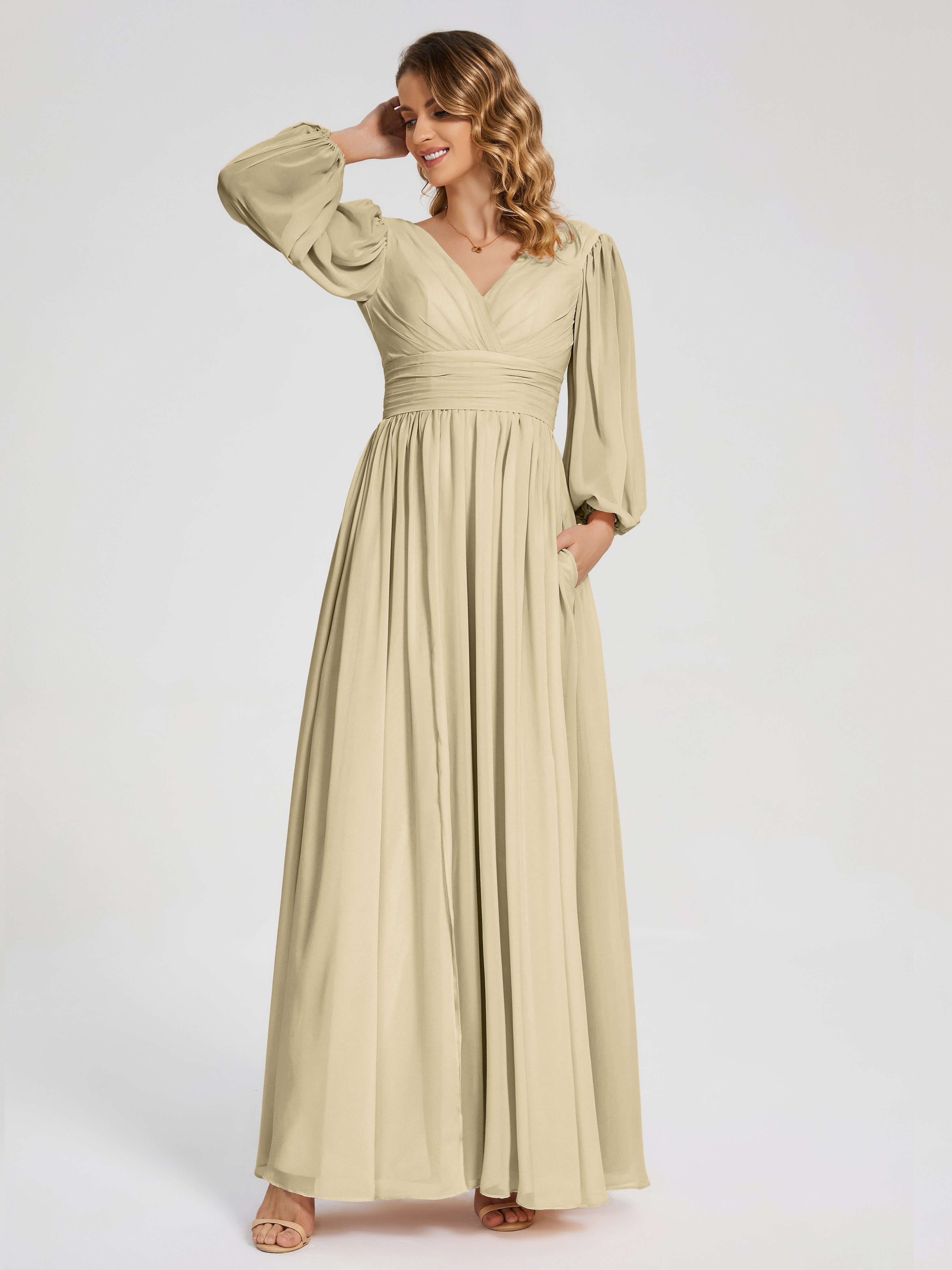 Robes De Demoiselle D'Honneur Champagne Manches Longues Dos Nu Mousseline Robes Demoiselle D'Honneur