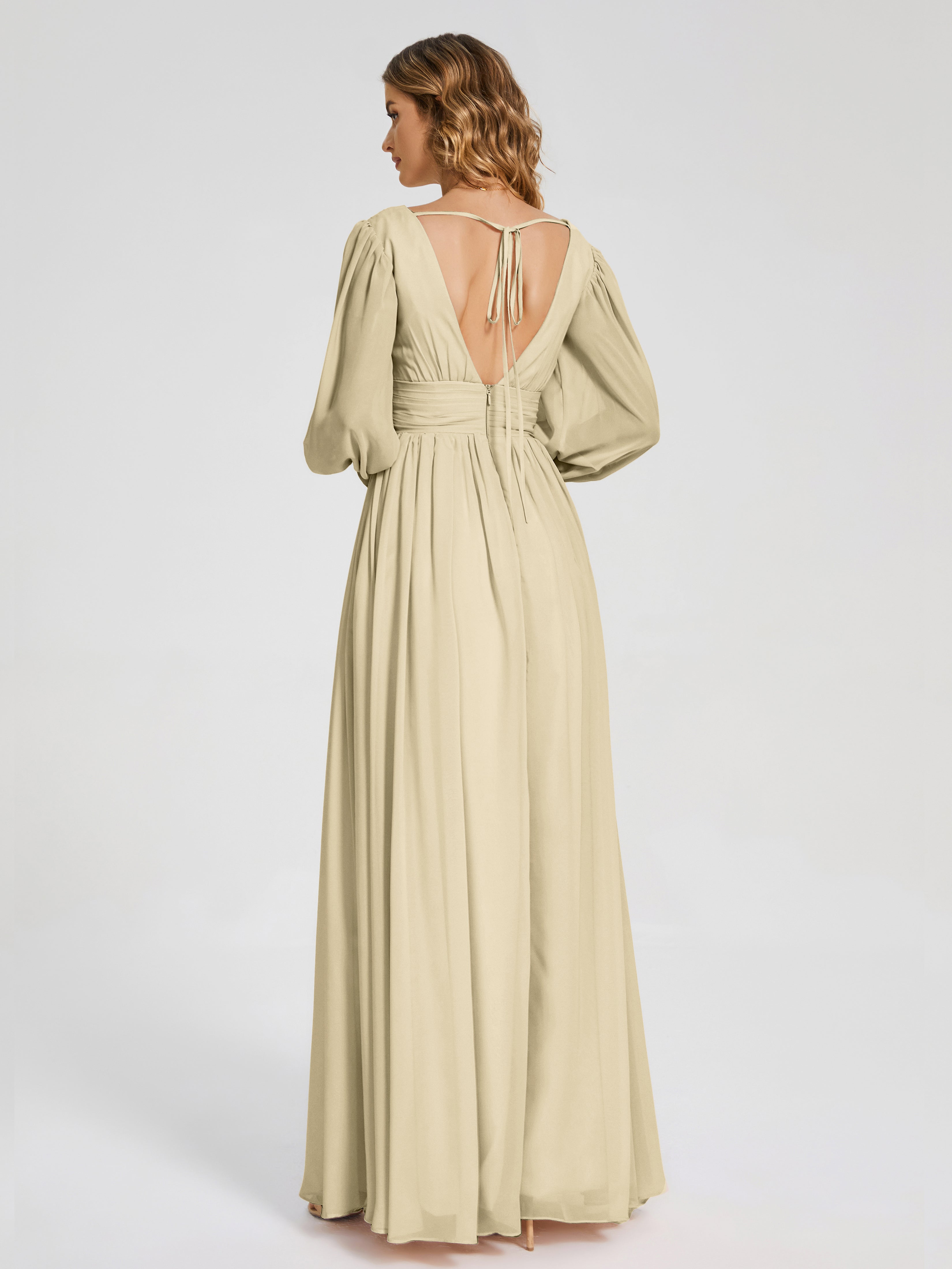 Robes De Demoiselle D'Honneur Champagne Manches Longues Dos Nu Mousseline Robes Demoiselle D'Honneur