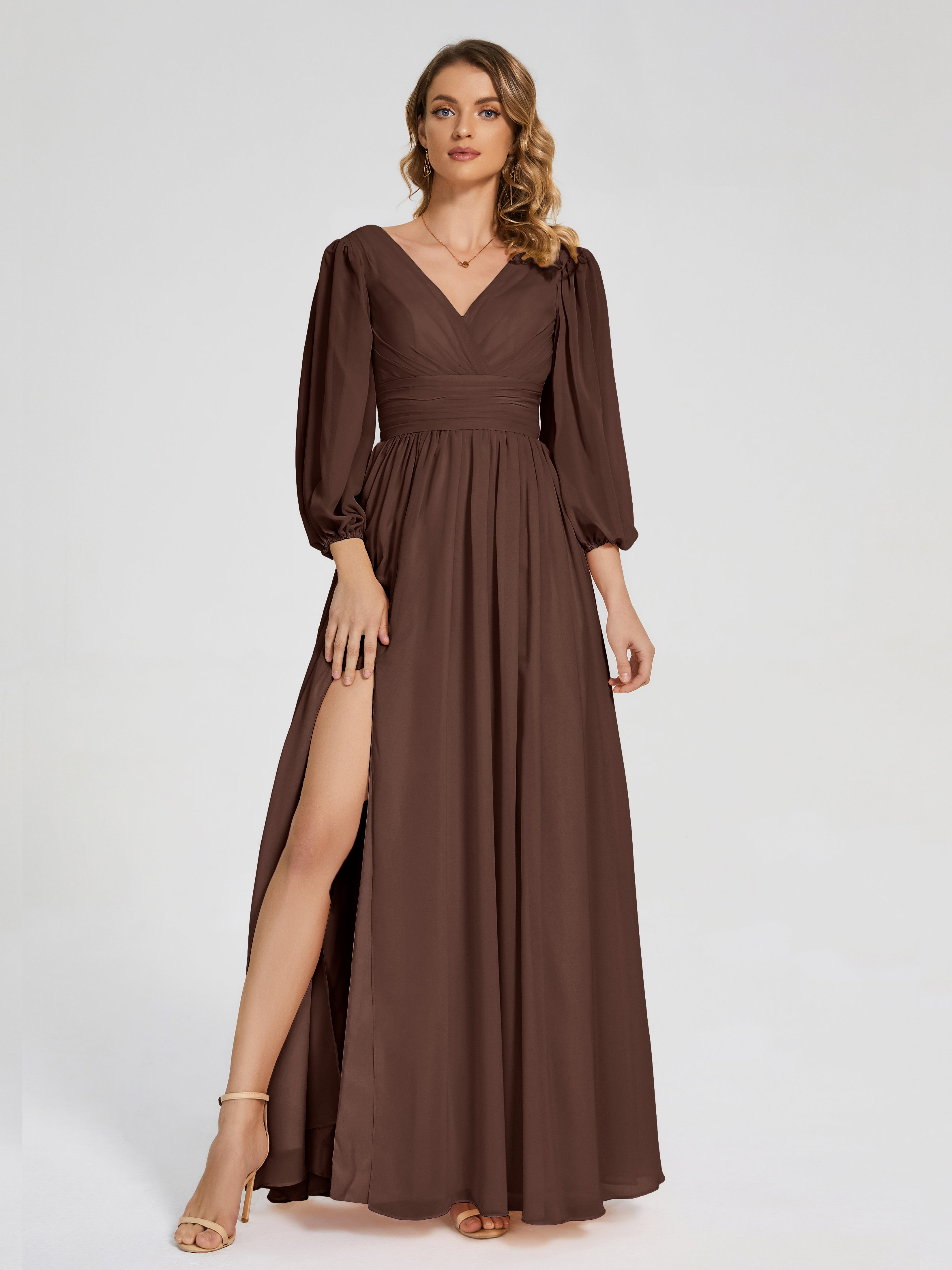 Robe Demoiselle D Honneur Chocolat Manches Longues Dos Nu Mousseline Robes Demoiselle D'Honneur