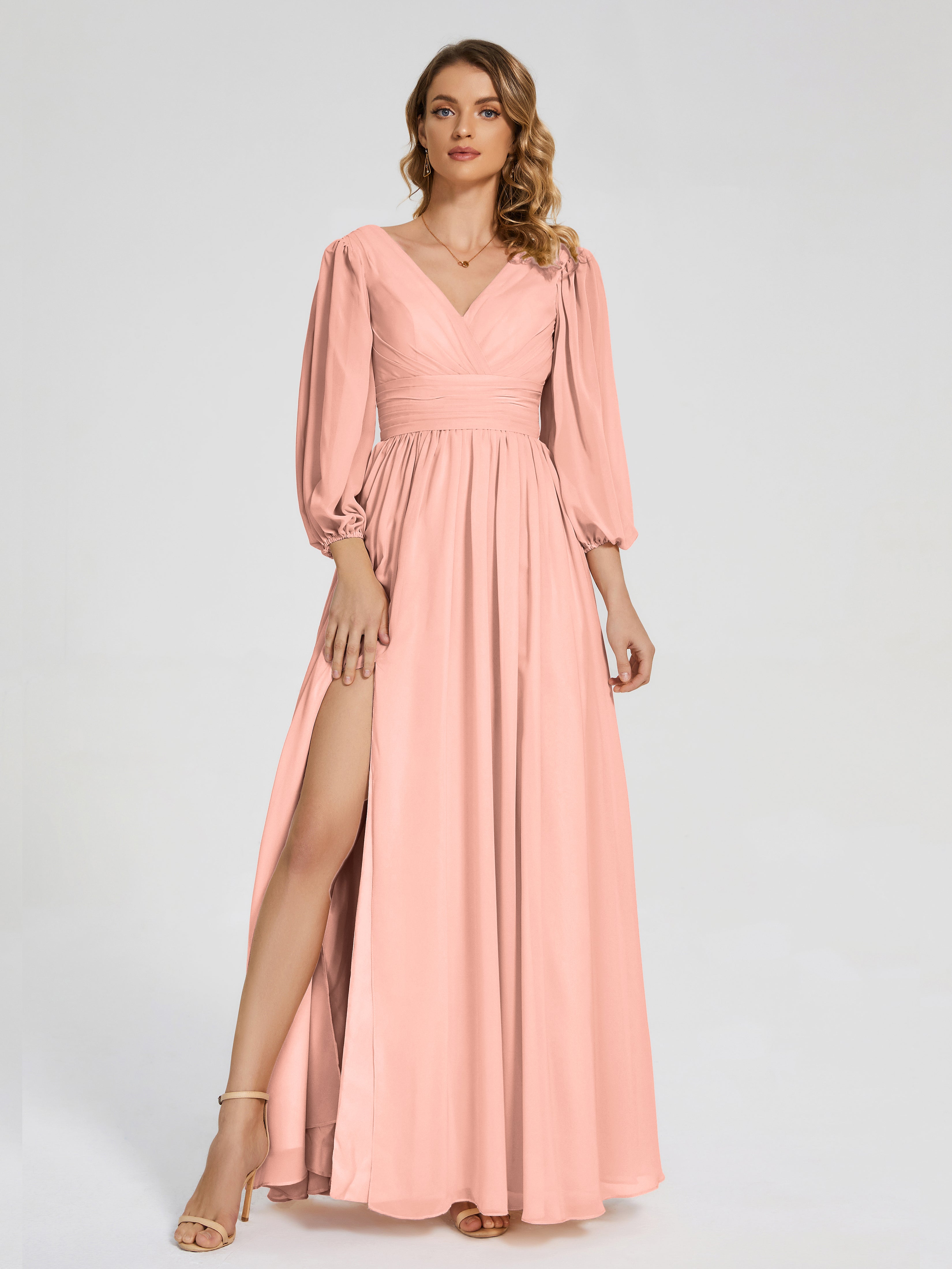 Robe Demoiselle D Honneur Corail Manches Longues Dos Nu Mousseline Robes Demoiselle D'Honneur