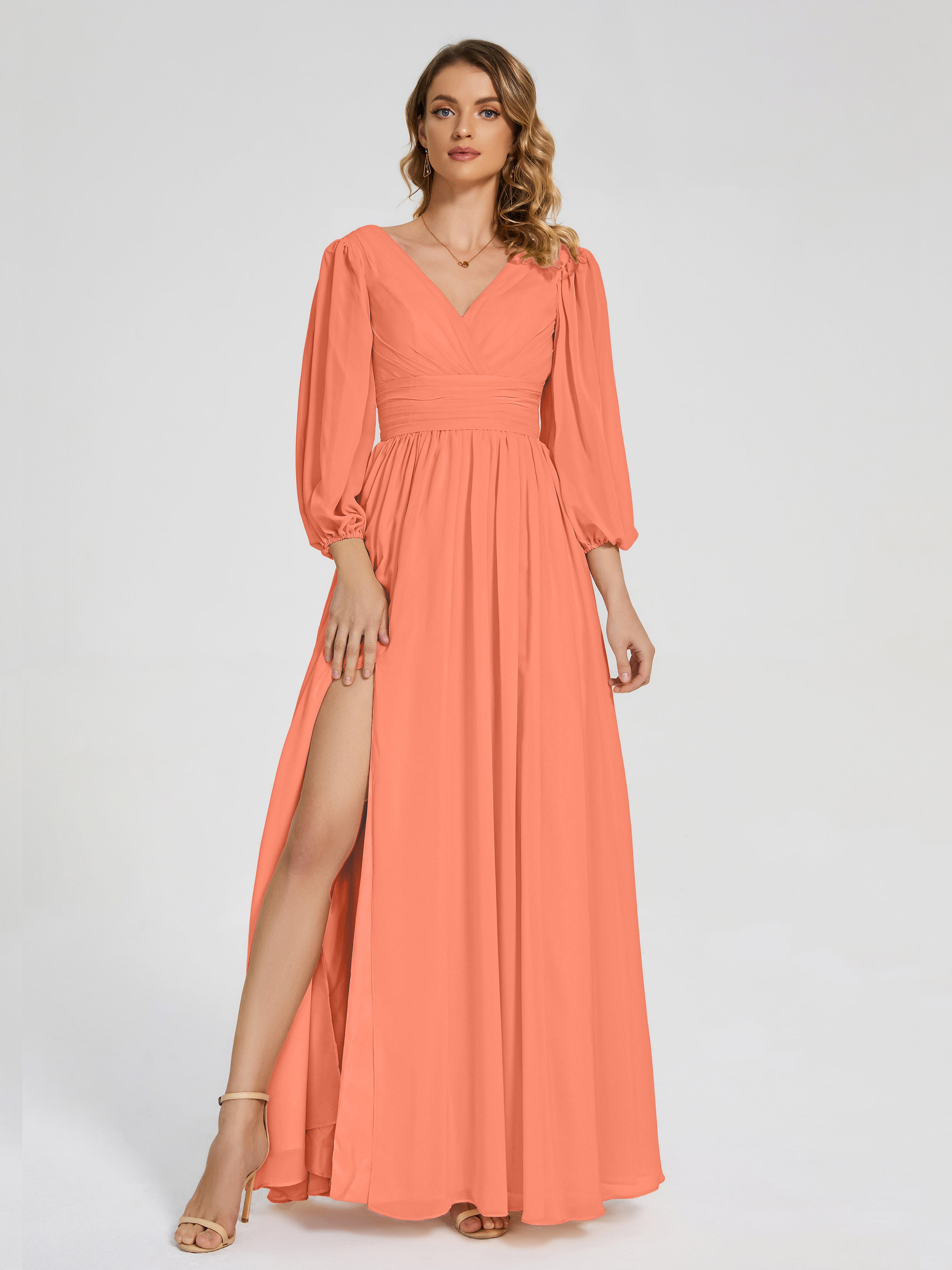 Robes De Demoiselle D'Honneur Coucher De Soleil Manches Longues Dos Nu Mousseline Robes Demoiselle D'Honneur