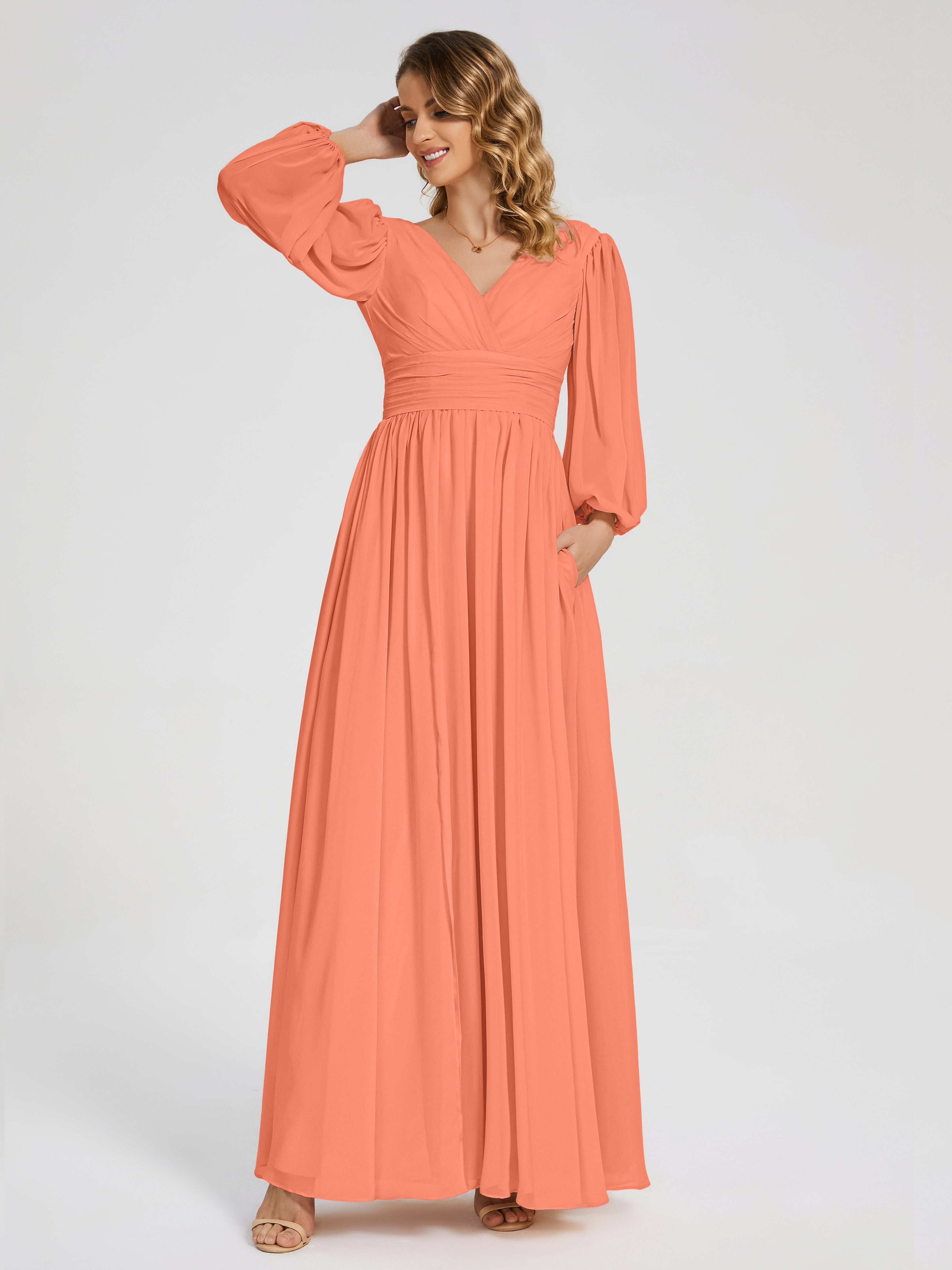 Robes De Demoiselle D'Honneur Coucher De Soleil Manches Longues Dos Nu Mousseline Robes Demoiselle D'Honneur