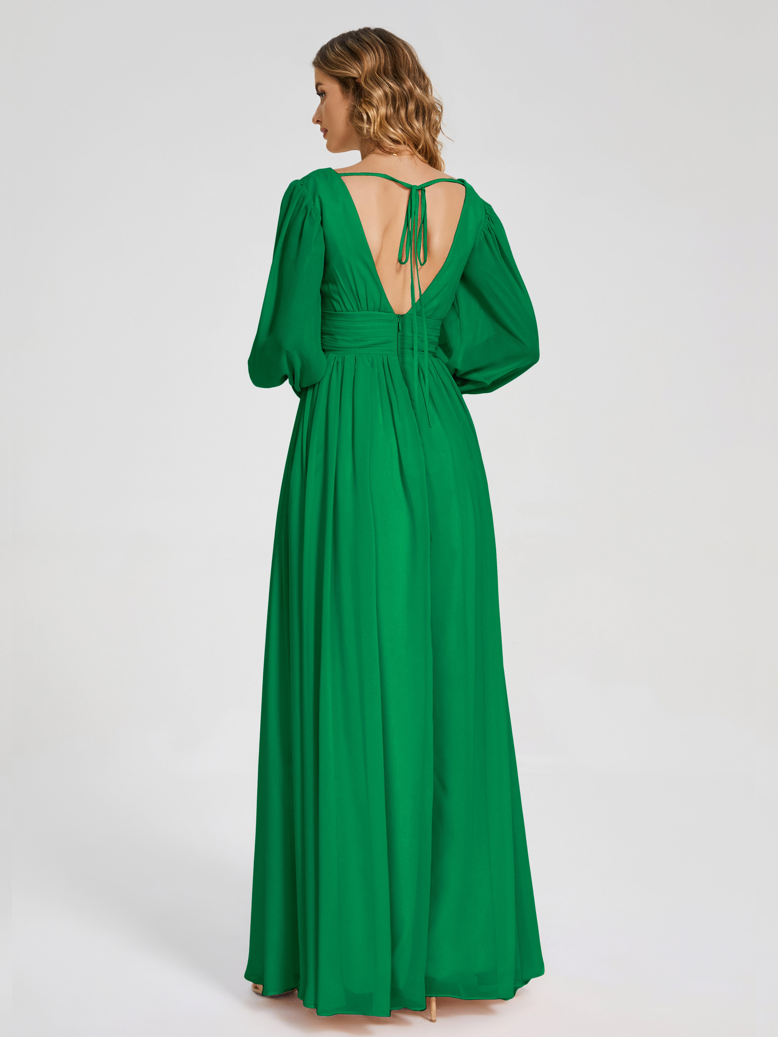 Robe Demoiselle D Honneur Vert Emeraude Manches Longues Dos Nu Mousseline Robes Demoiselle D'Honneur