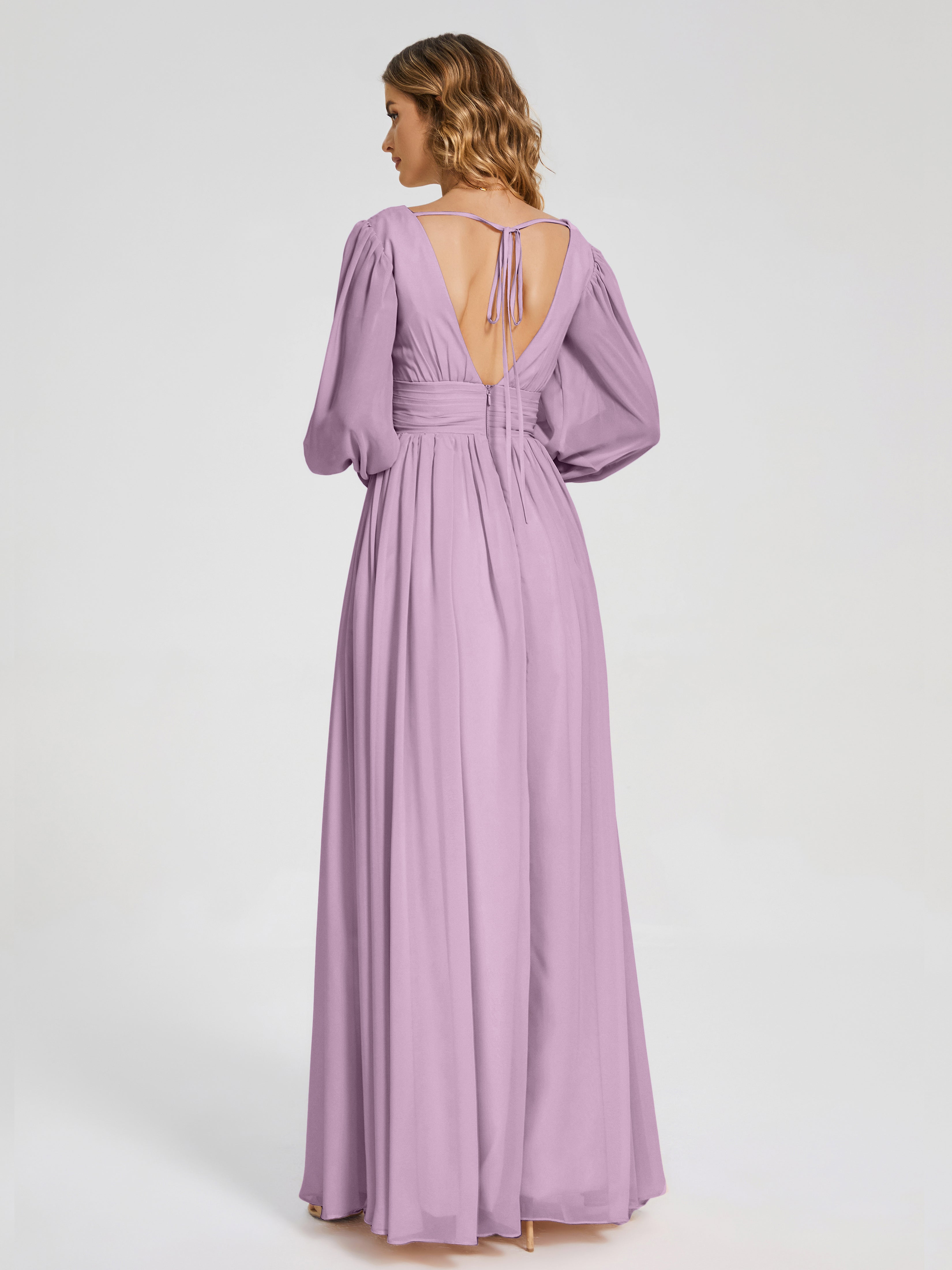 Robes De Demoiselle D'Honneur Glycine Manches Longues Dos Nu Mousseline Robes Demoiselle D'Honneur