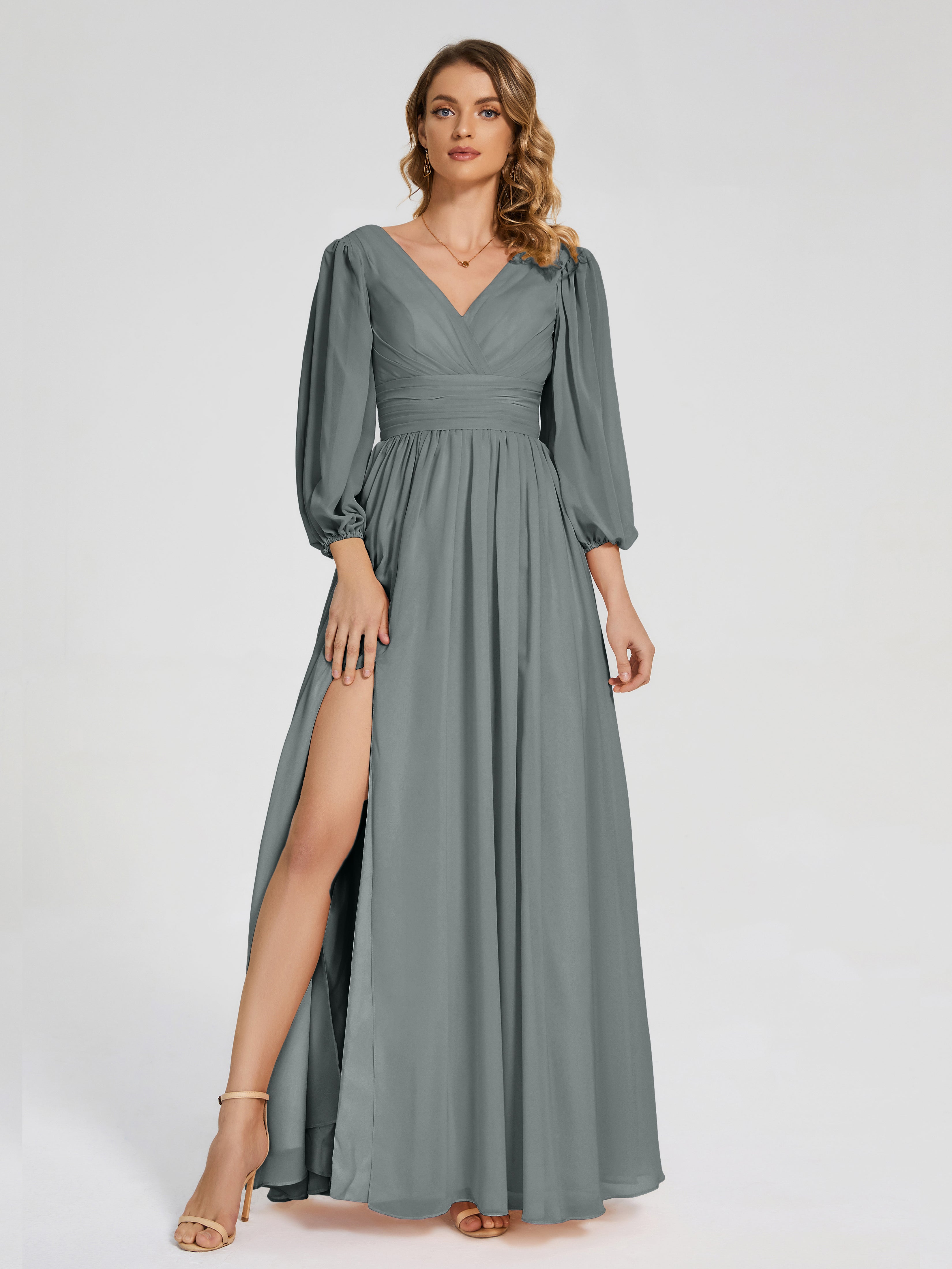 Robe Demoiselle D Honneur Grise Manches Longues Dos Nu Mousseline Robes Demoiselle D'Honneur