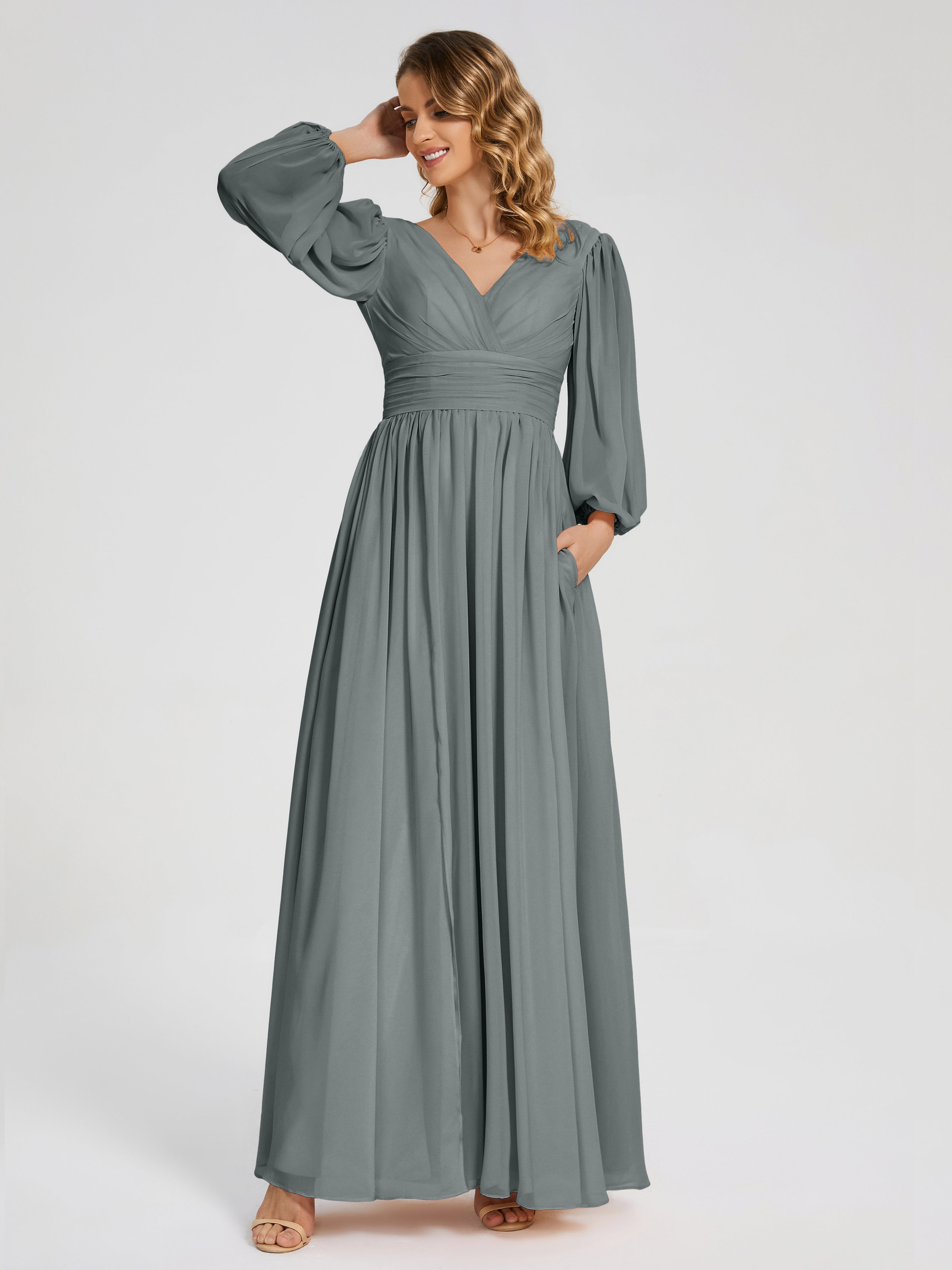 Robe Demoiselle D Honneur Grise Manches Longues Dos Nu Mousseline Robes Demoiselle D'Honneur