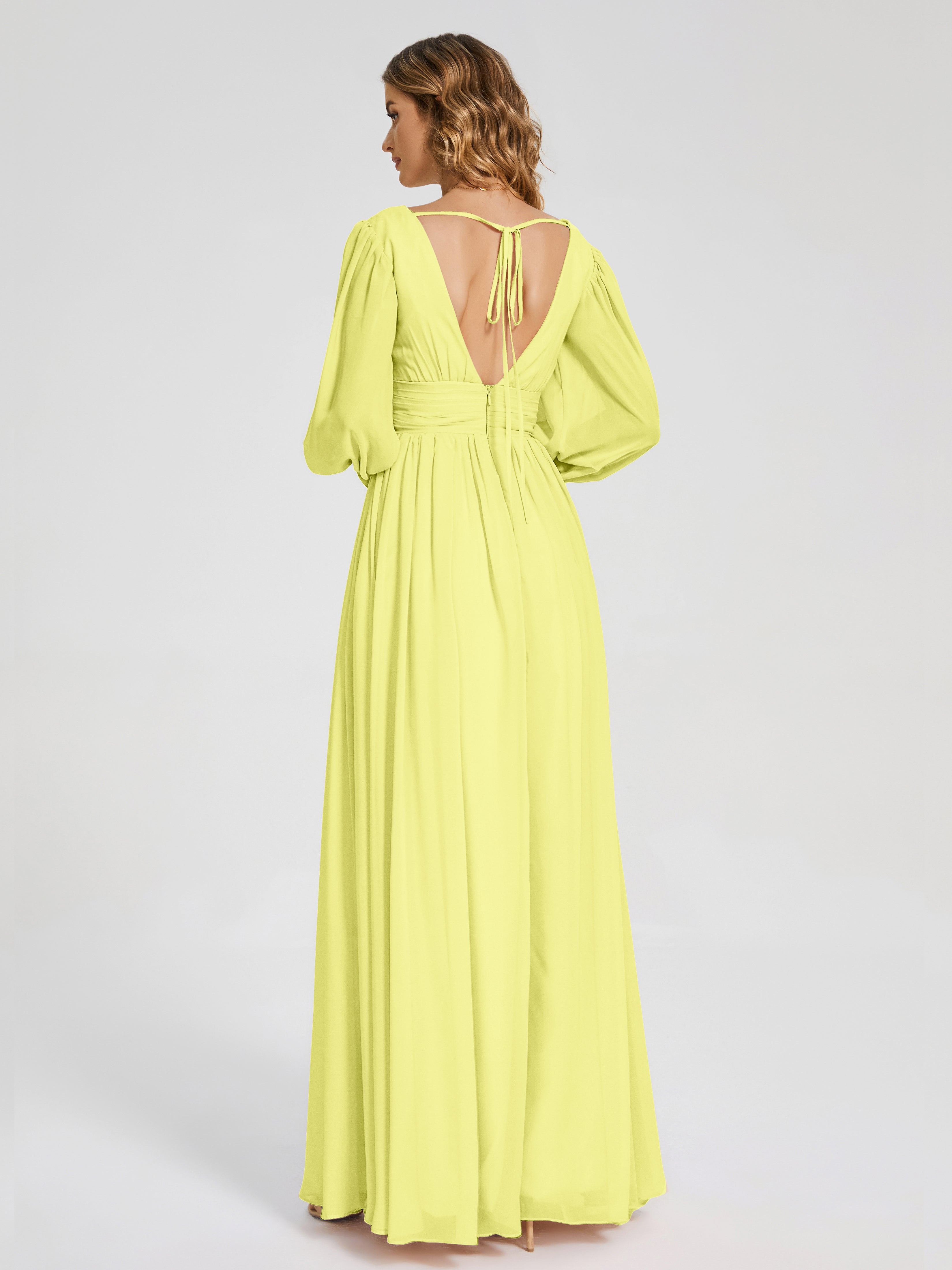 Robes De Demoiselle D'Honneur Jonquille Manches Longues Dos Nu Mousseline Robes Demoiselle D'Honneur