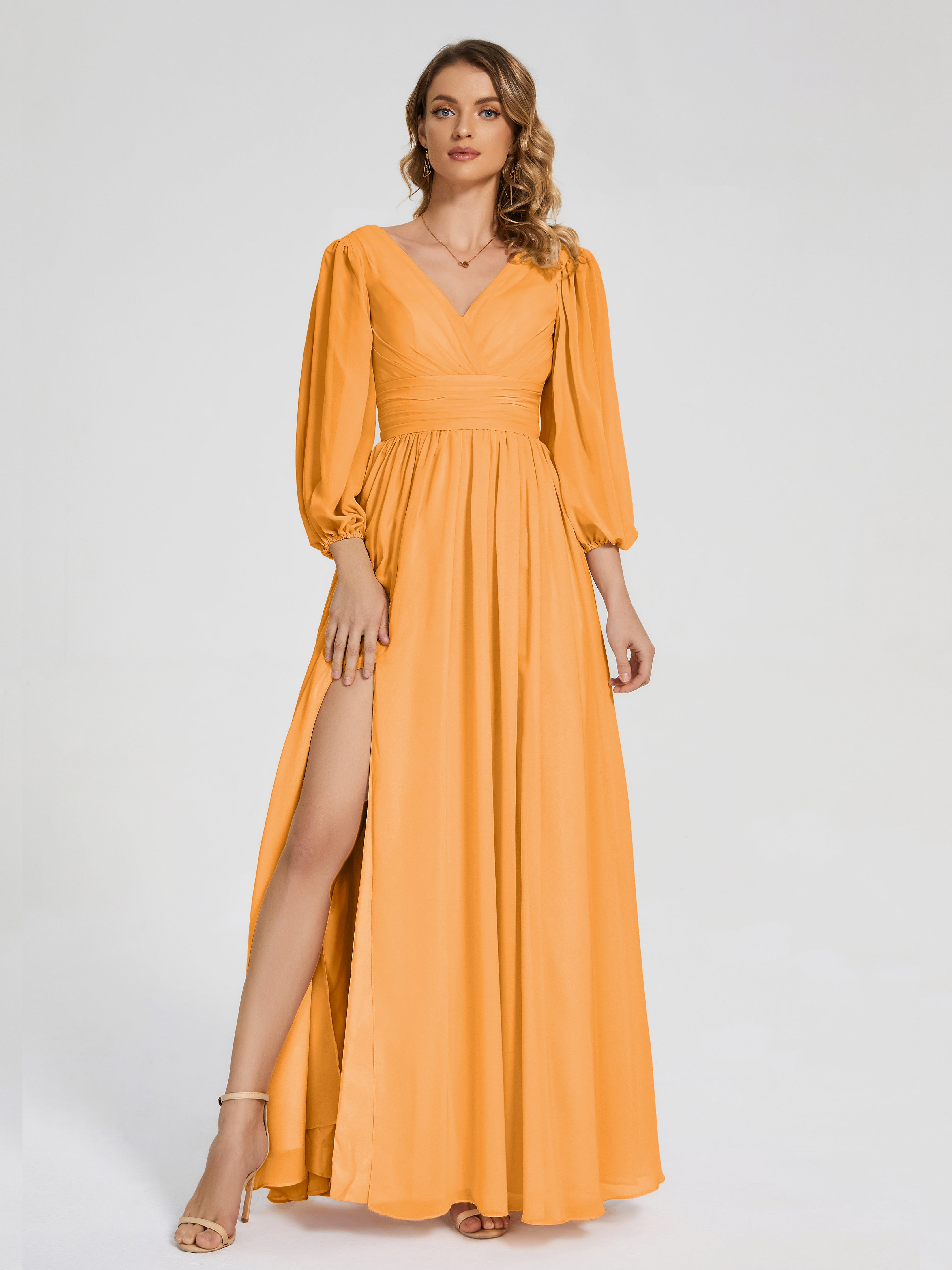 Robes De Demoiselle D'Honneur Mandarine Manches Longues Dos Nu Mousseline Robes Demoiselle D'Honneur