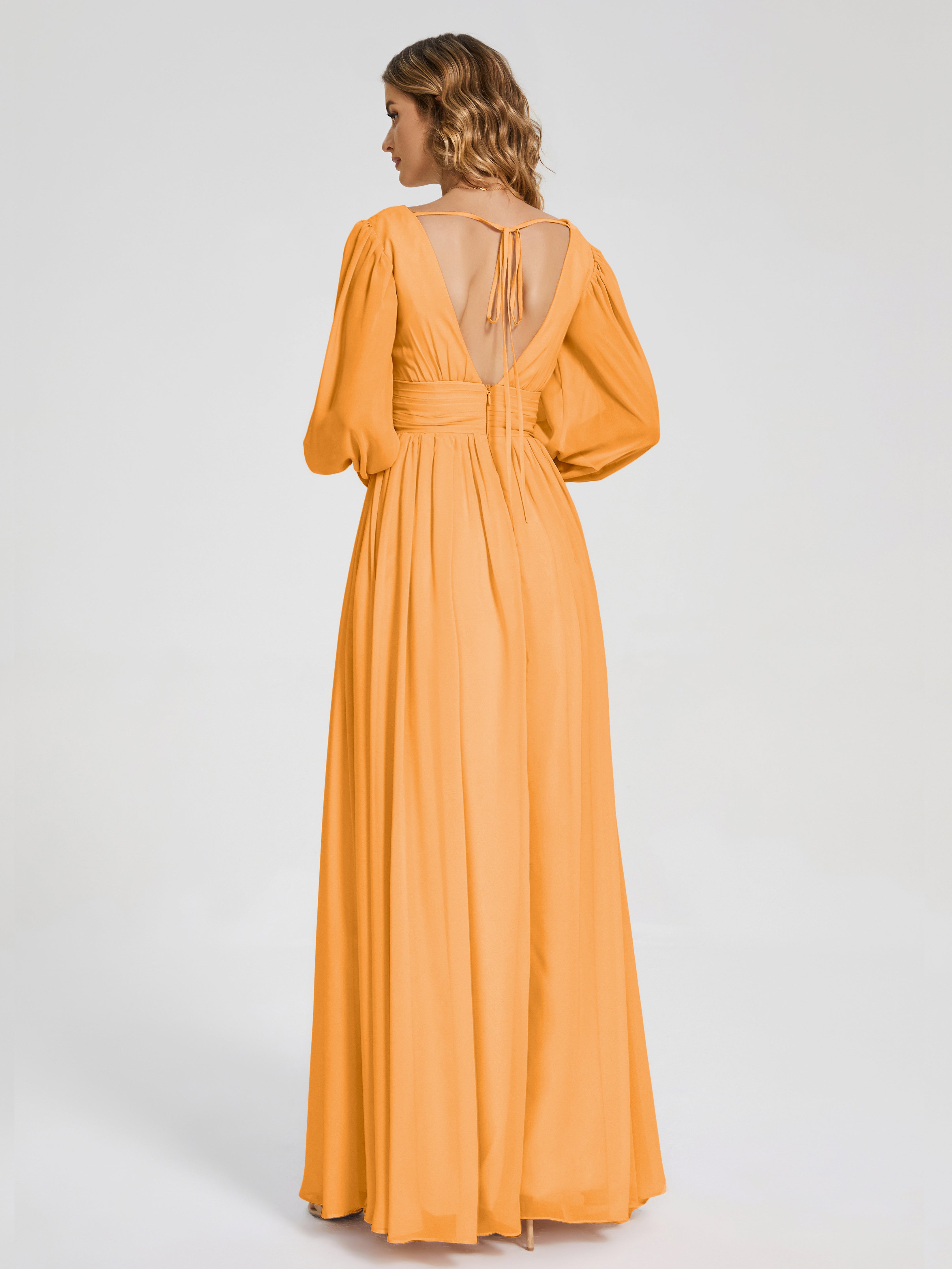 Robes De Demoiselle D'Honneur Mandarine Manches Longues Dos Nu Mousseline Robes Demoiselle D'Honneur