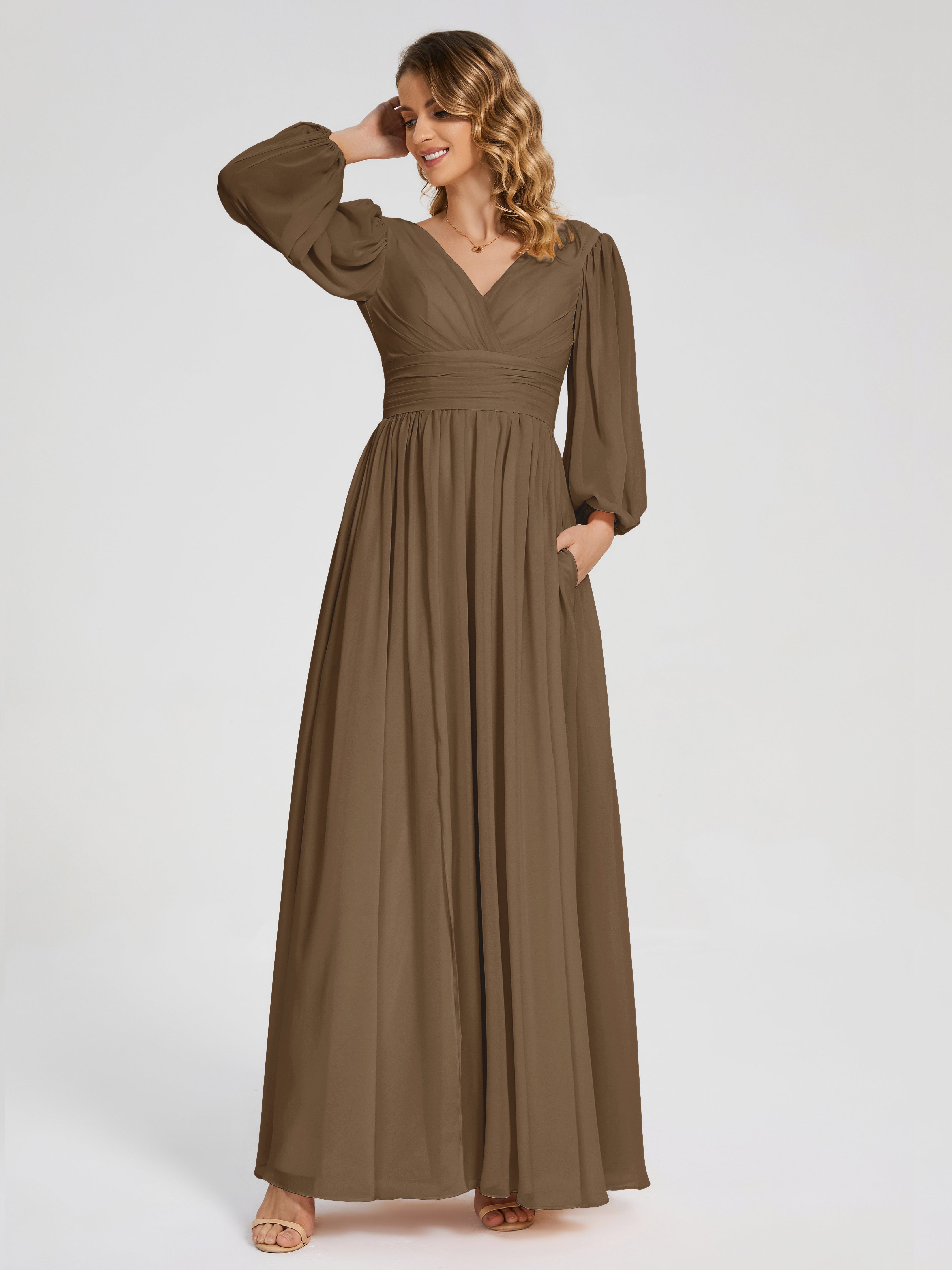 Robe De Demoiselle D'Honneur Moka Manches Longues Dos Nu Mousseline Robes Demoiselle D'Honneur