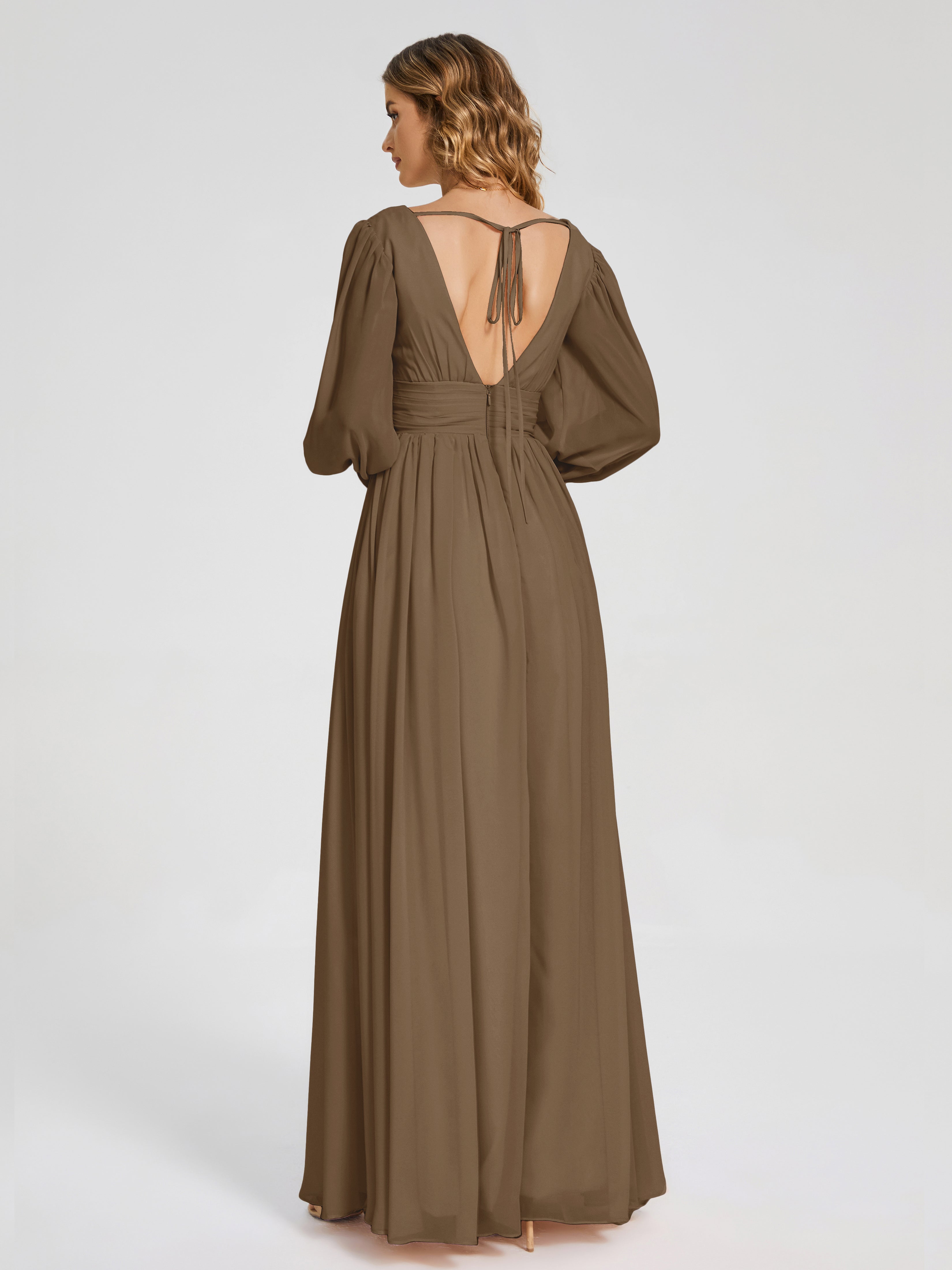 Robe De Demoiselle D'Honneur Moka Manches Longues Dos Nu Mousseline Robes Demoiselle D'Honneur