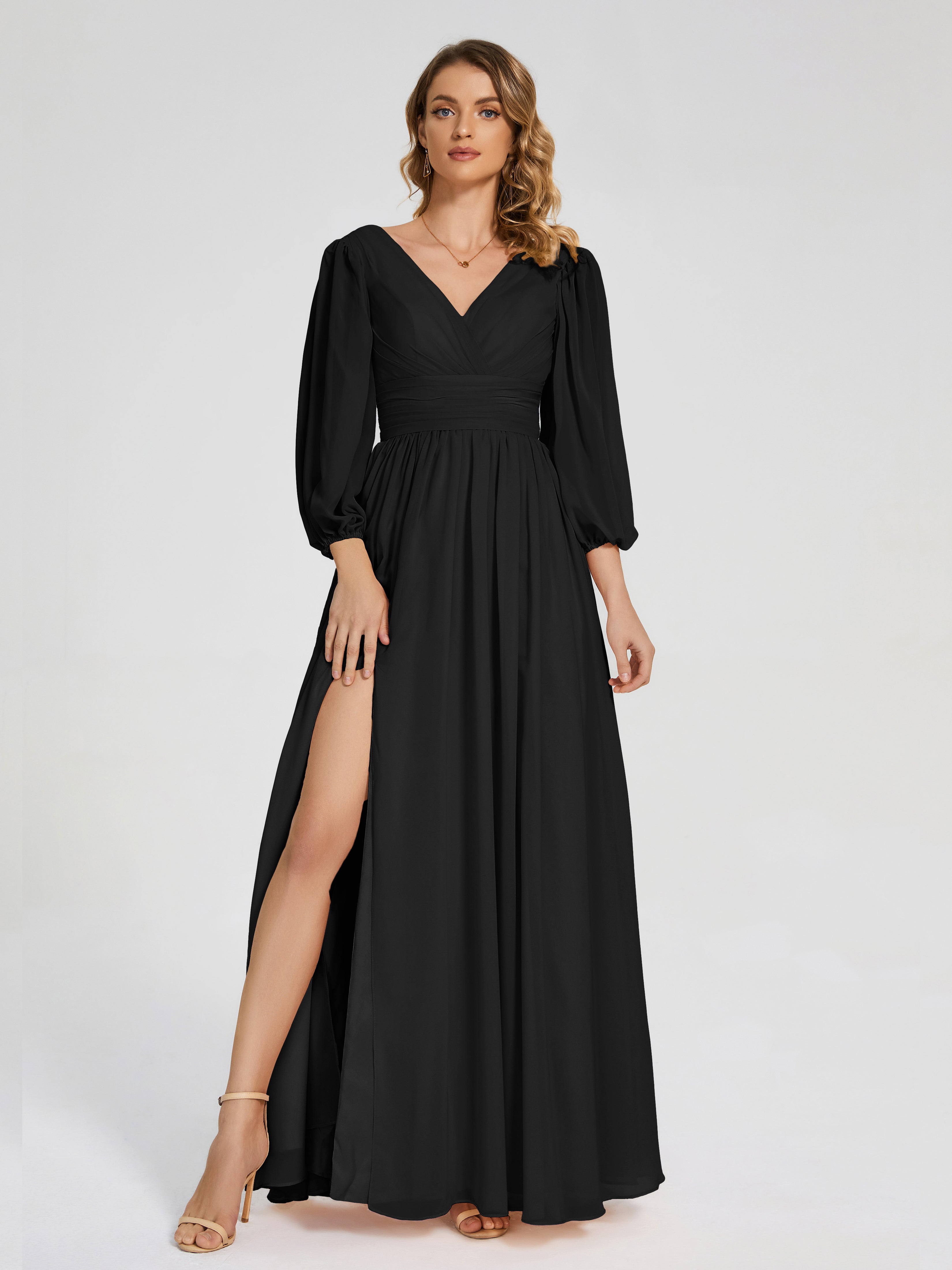 Robes De Demoiselle D'Honneur Noires Manches Longues Dos Nu Mousseline Robes Demoiselle D'Honneur