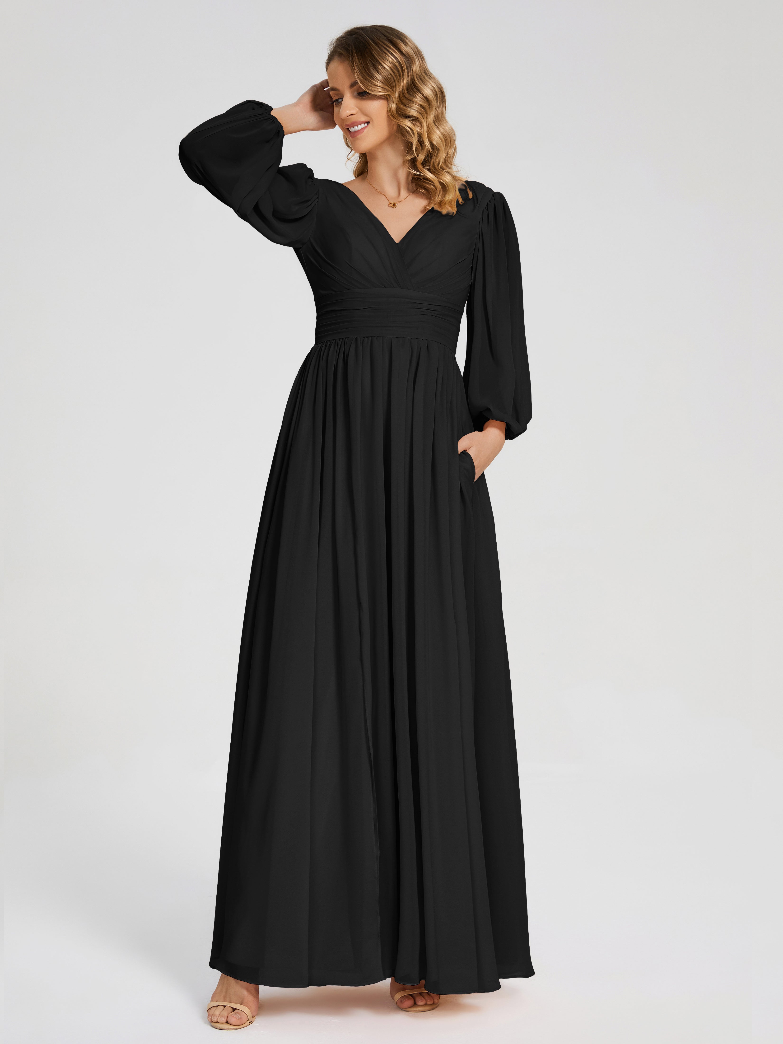 Robes De Demoiselle D'Honneur Noires Manches Longues Dos Nu Mousseline Robes Demoiselle D'Honneur