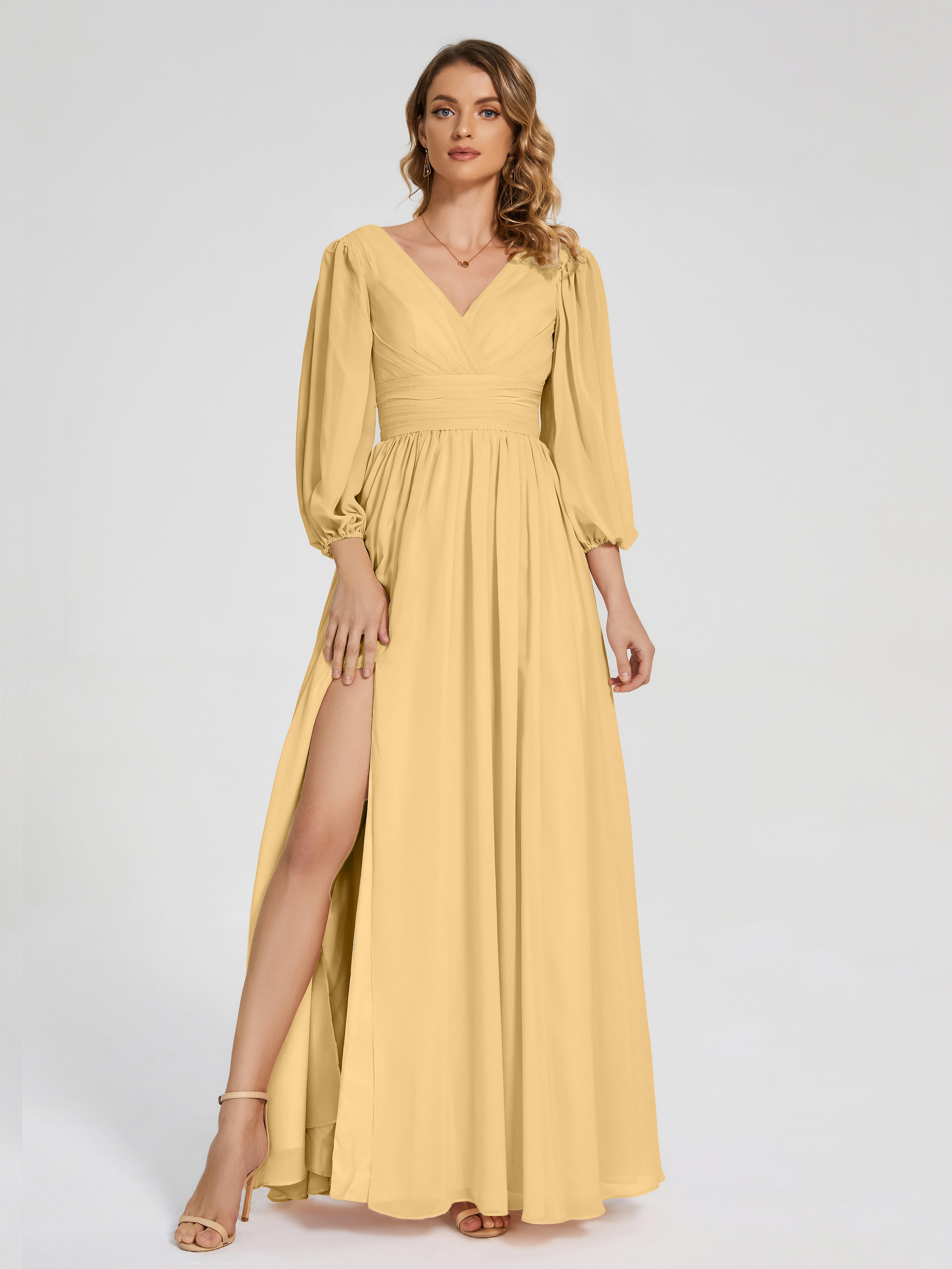 Longues Robes De Demoiselle D'Honneur En Or Manches Longues Dos Nu Mousseline Robes Demoiselle D'Honneur