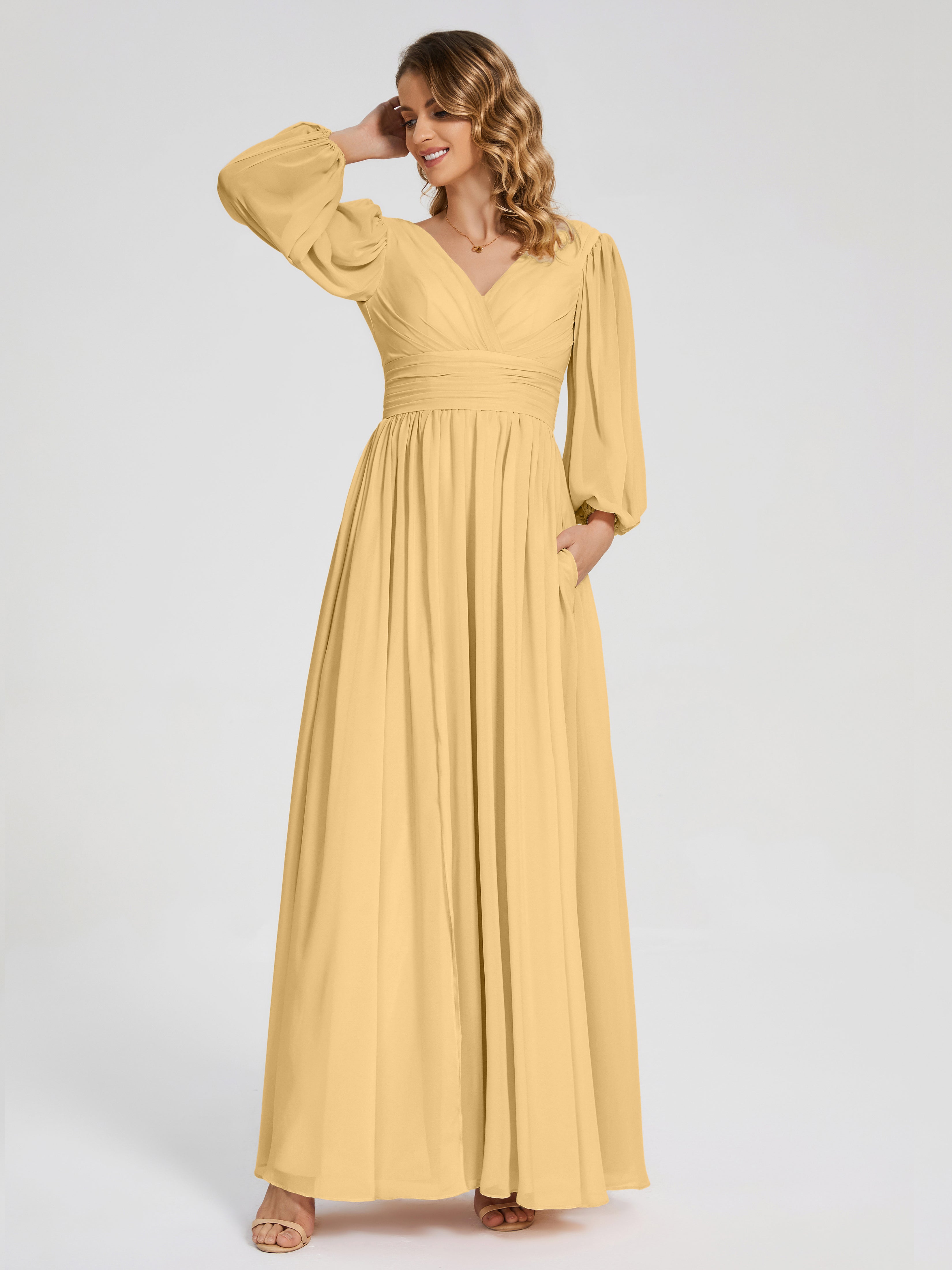 Longues Robes De Demoiselle D'Honneur En Or Manches Longues Dos Nu Mousseline Robes Demoiselle D'Honneur