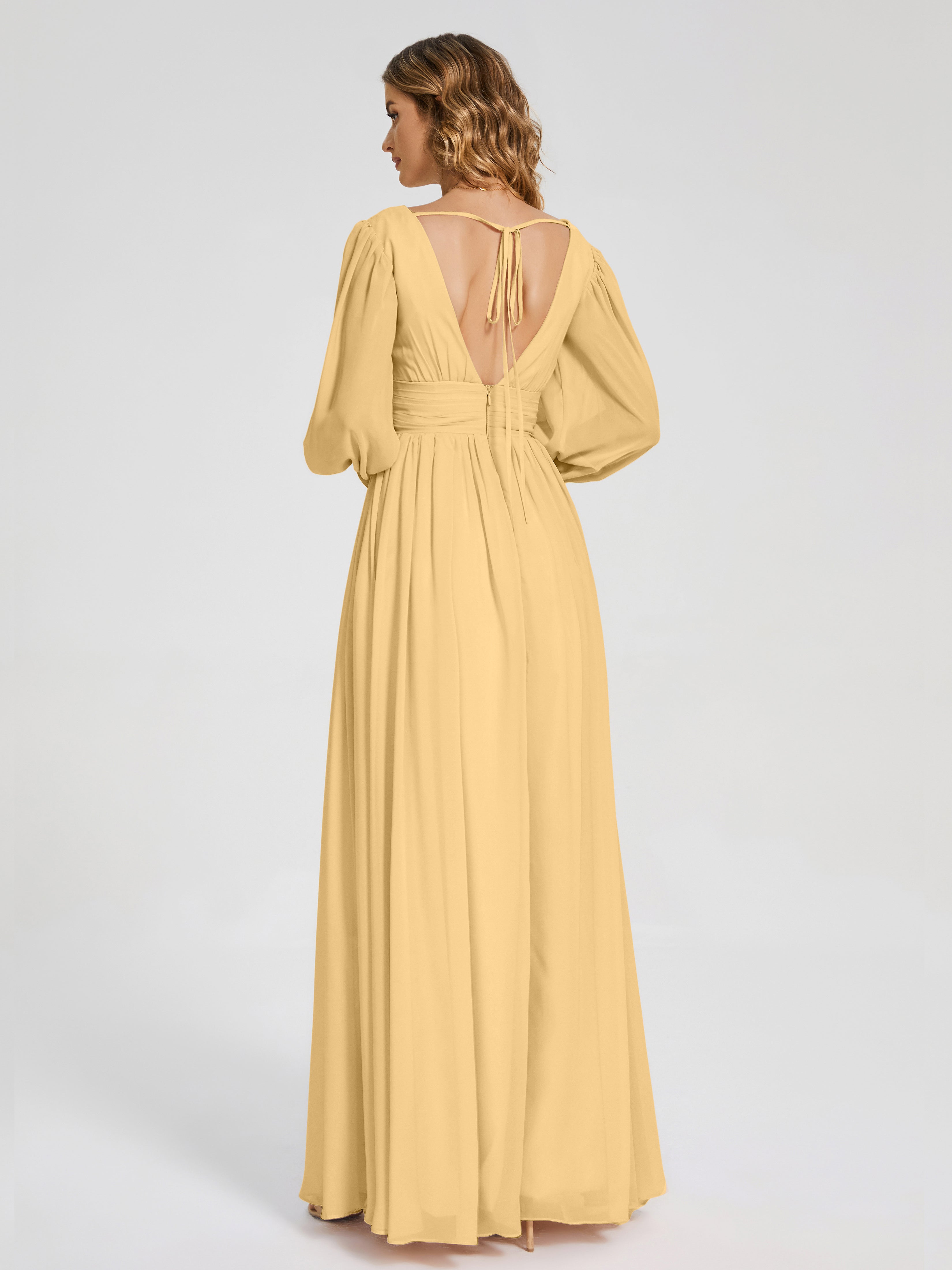 Longues Robes De Demoiselle D'Honneur En Or Manches Longues Dos Nu Mousseline Robes Demoiselle D'Honneur