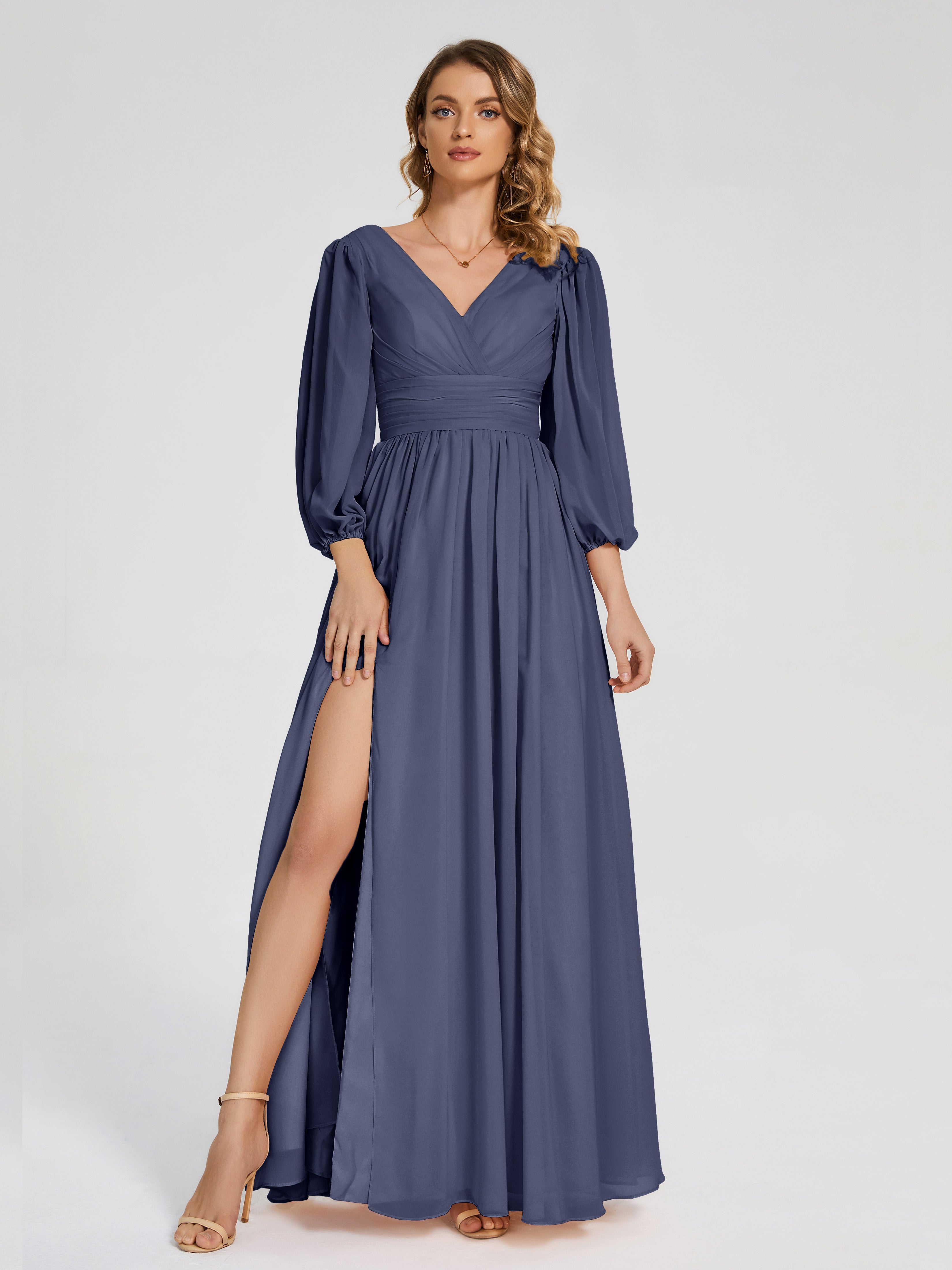 Robes De Demoiselle D'Honneur Bleu Orageux Manches Longues Dos Nu Mousseline Robes Demoiselle D'Honneur