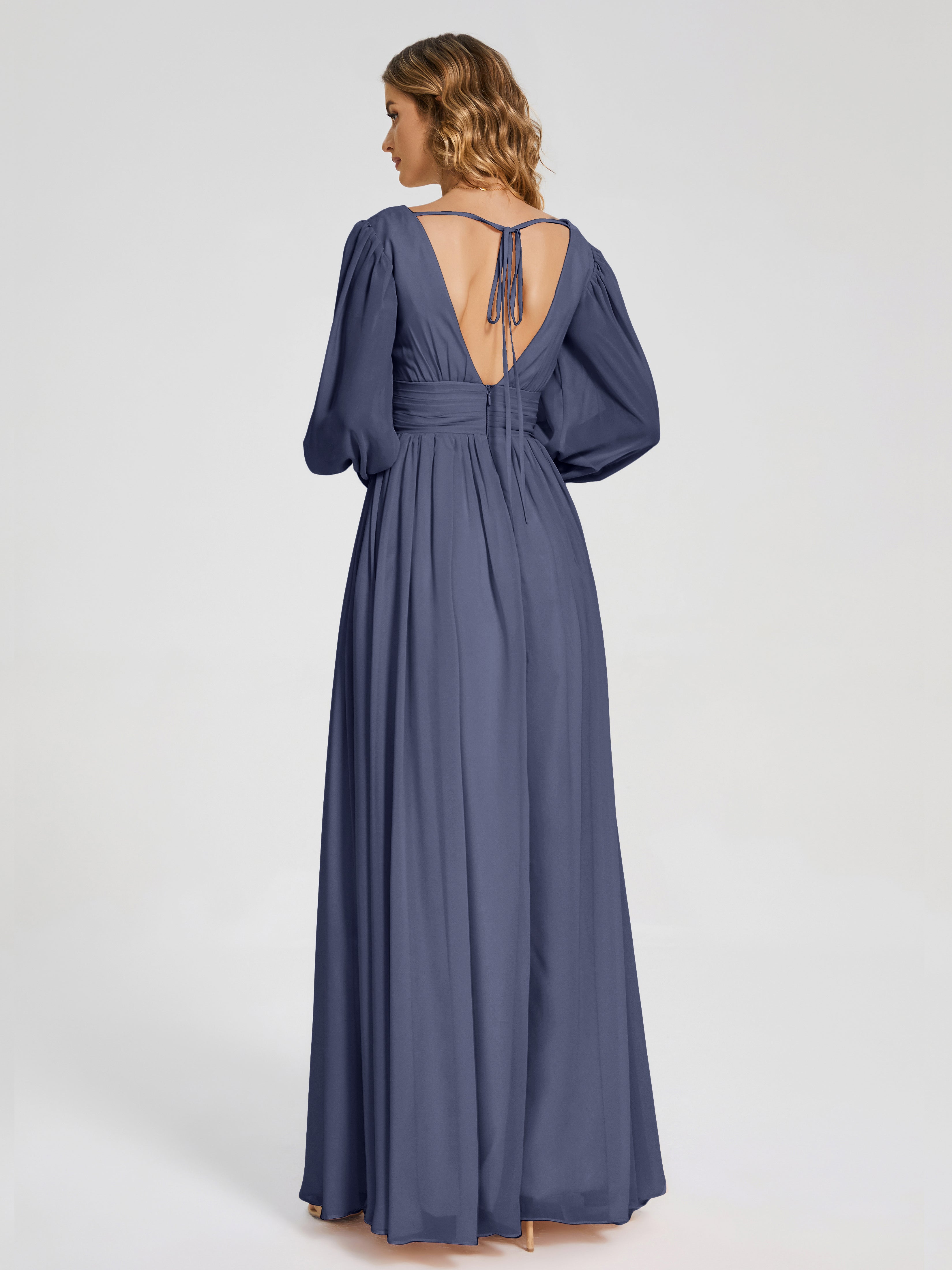 Robes De Demoiselle D'Honneur Bleu Orageux Manches Longues Dos Nu Mousseline Robes Demoiselle D'Honneur