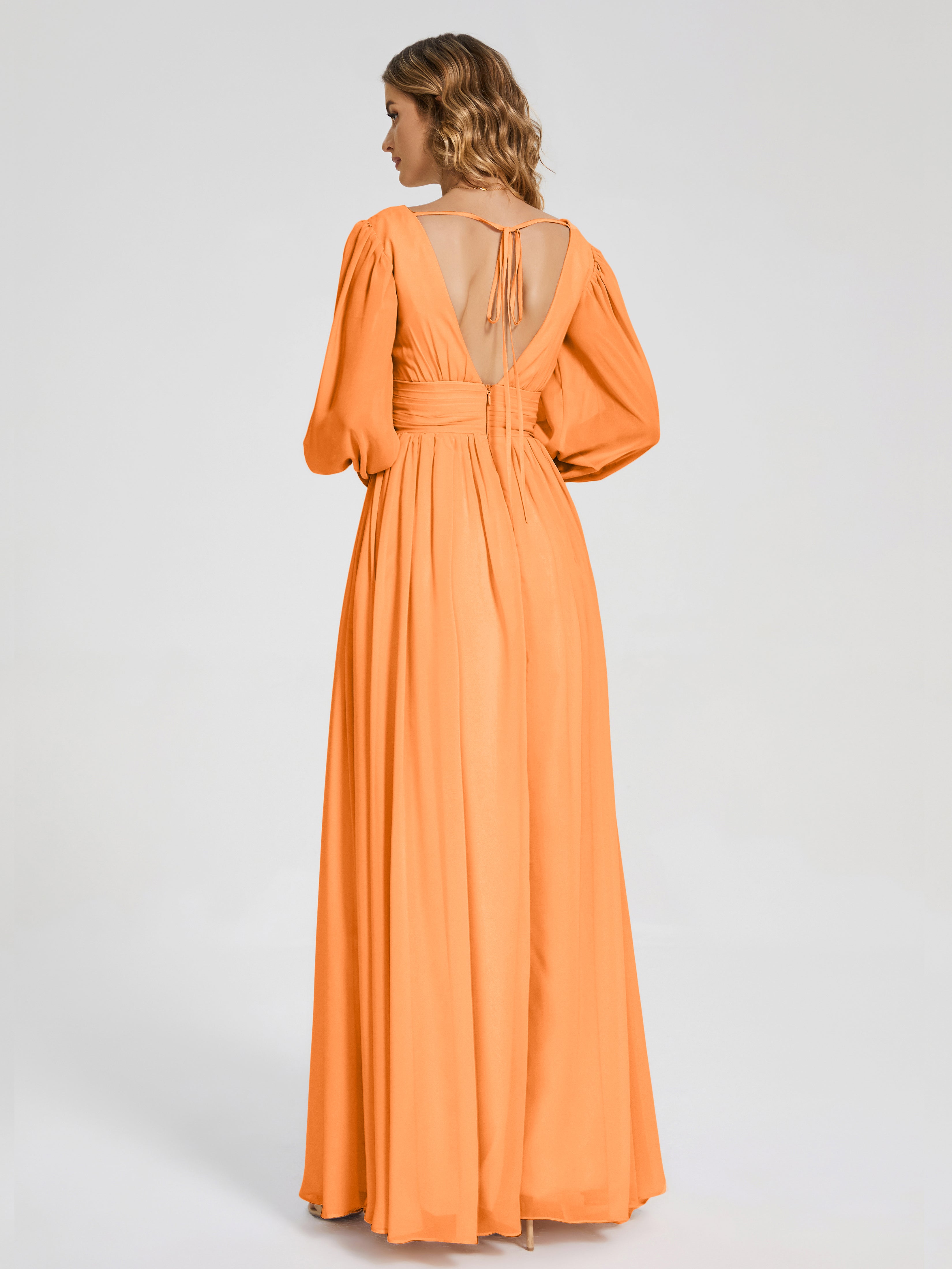 Robes De Demoiselle D'Honneur Orange Manches Longues Dos Nu Mousseline Robes Demoiselle D'Honneur