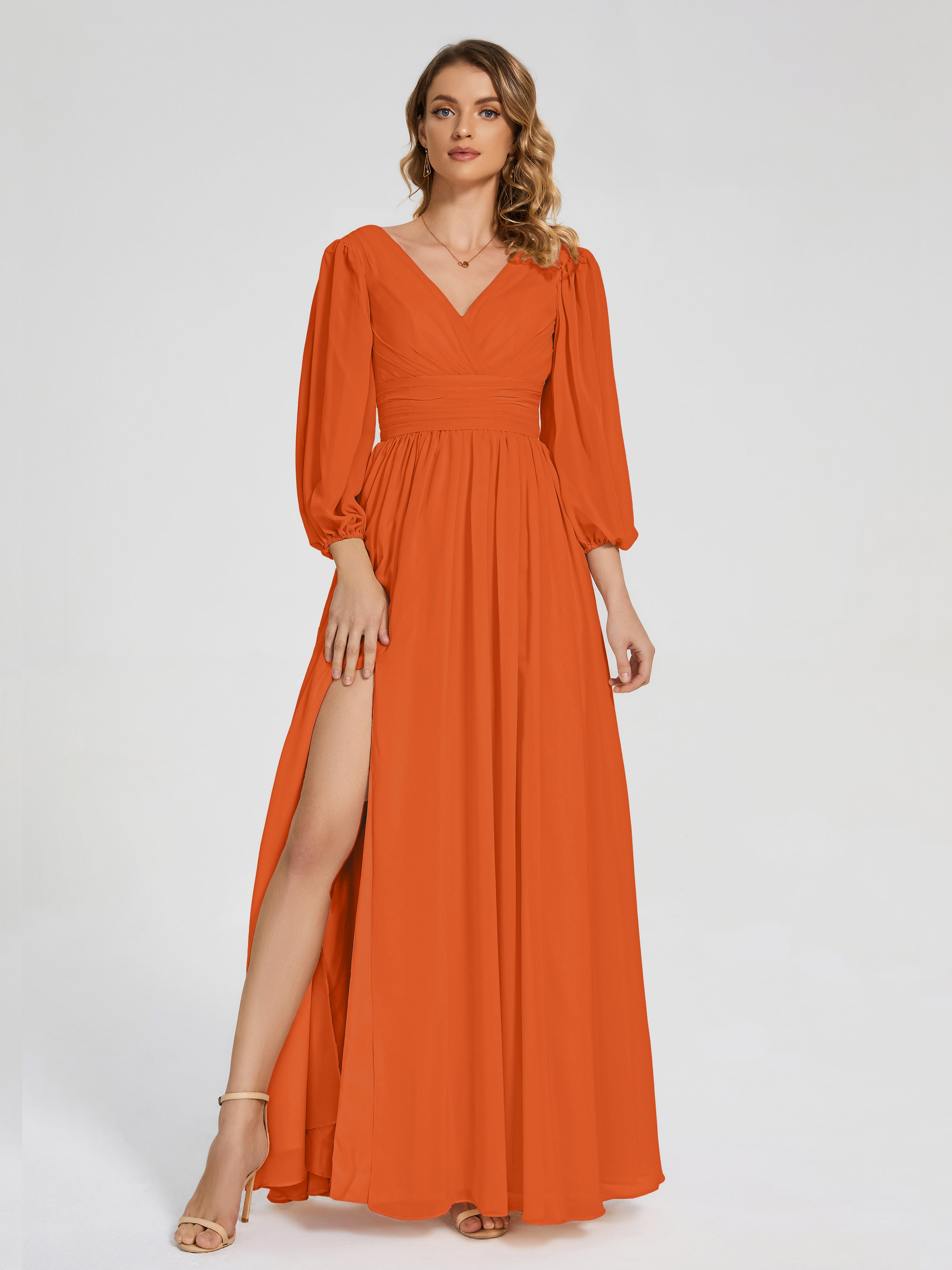 Robes De Demoiselle D'Honneur Orange Brûlé Manches Longues Dos Nu Mousseline Robes Demoiselle D'Honneur