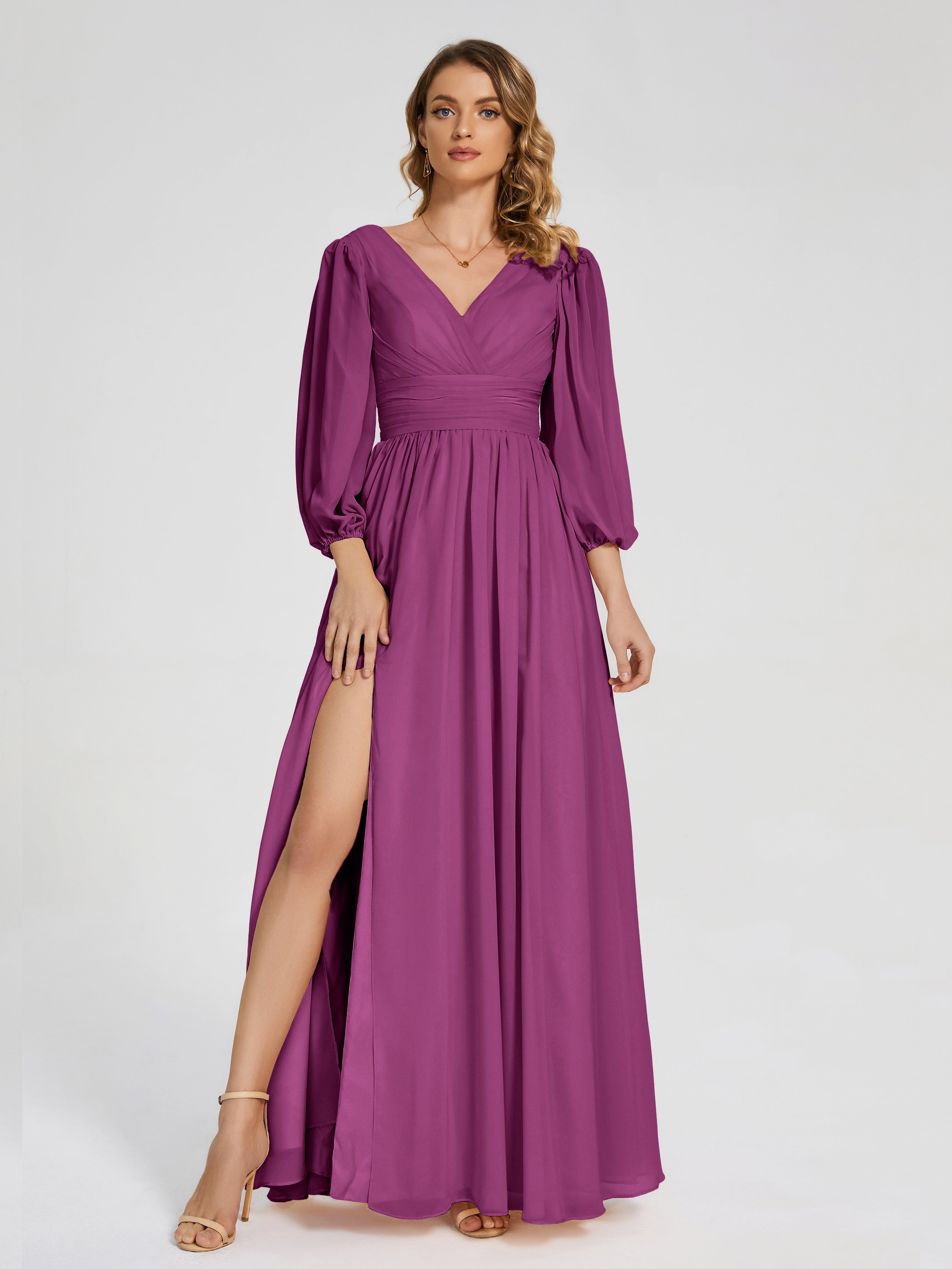 Robes De Demoiselle D'Honneur Orchidée Manches Longues Dos Nu Mousseline Robes Demoiselle D'Honneur