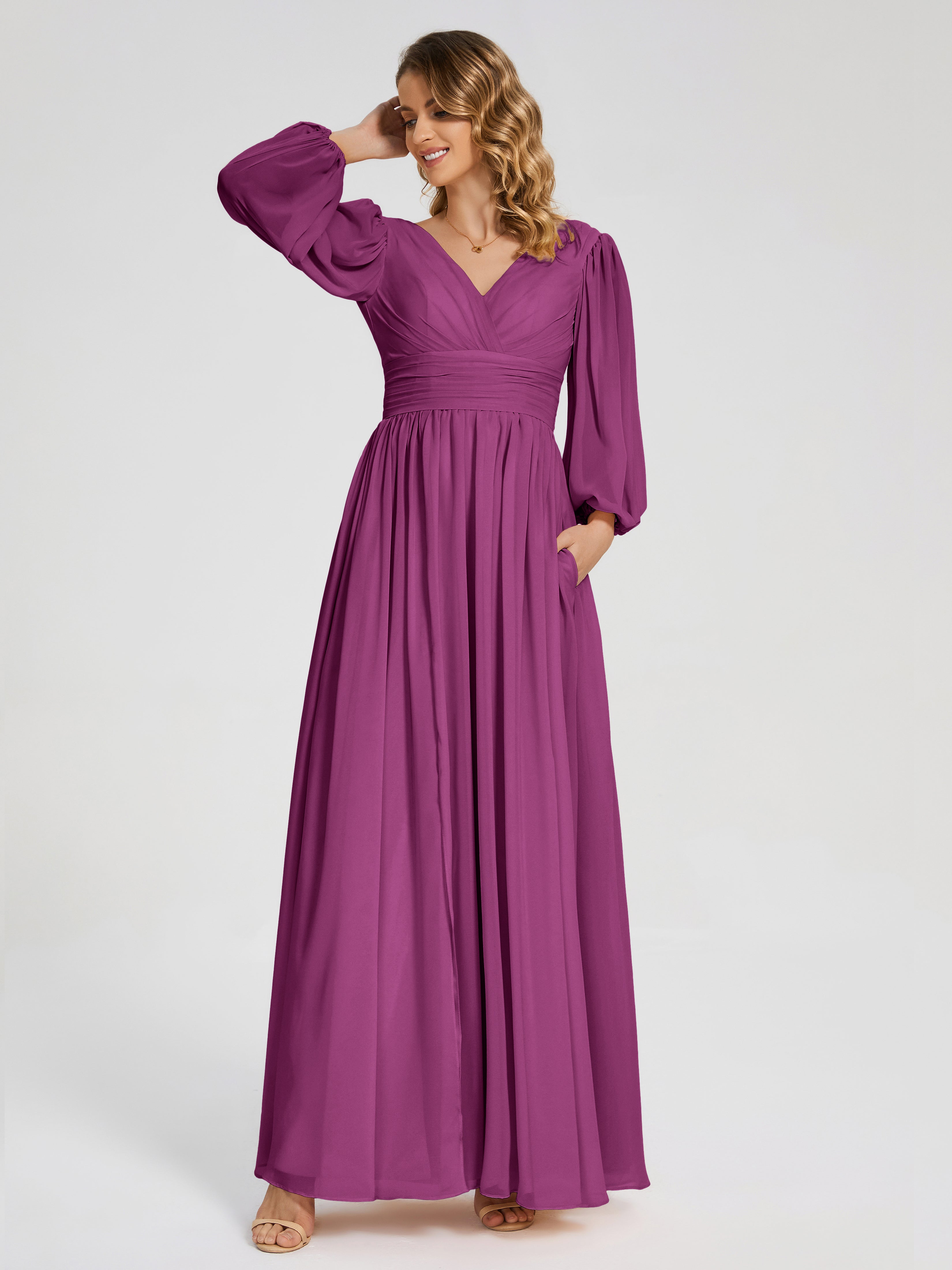 Robes De Demoiselle D'Honneur Orchidée Manches Longues Dos Nu Mousseline Robes Demoiselle D'Honneur