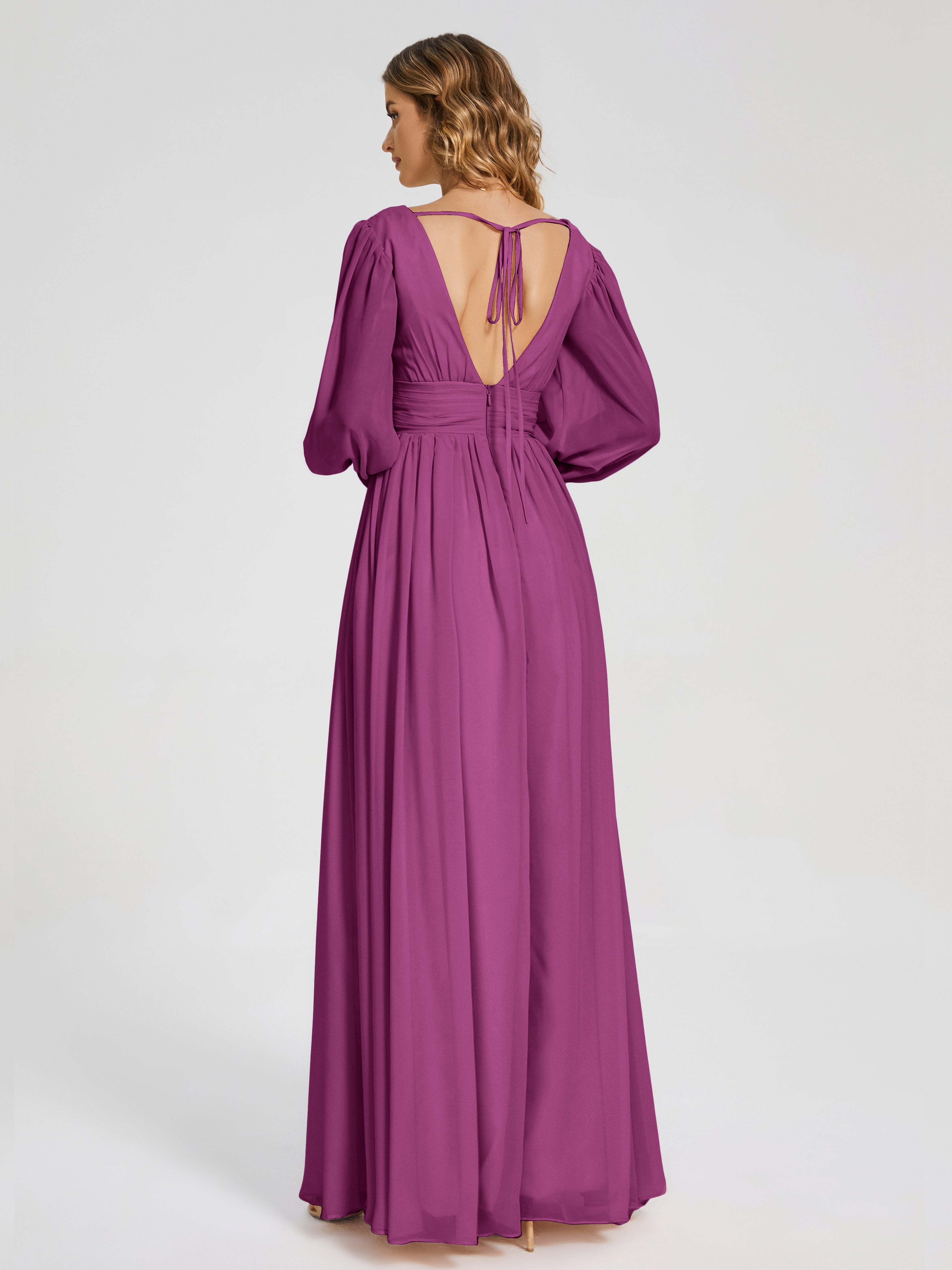 Robes De Demoiselle D'Honneur Orchidée Manches Longues Dos Nu Mousseline Robes Demoiselle D'Honneur