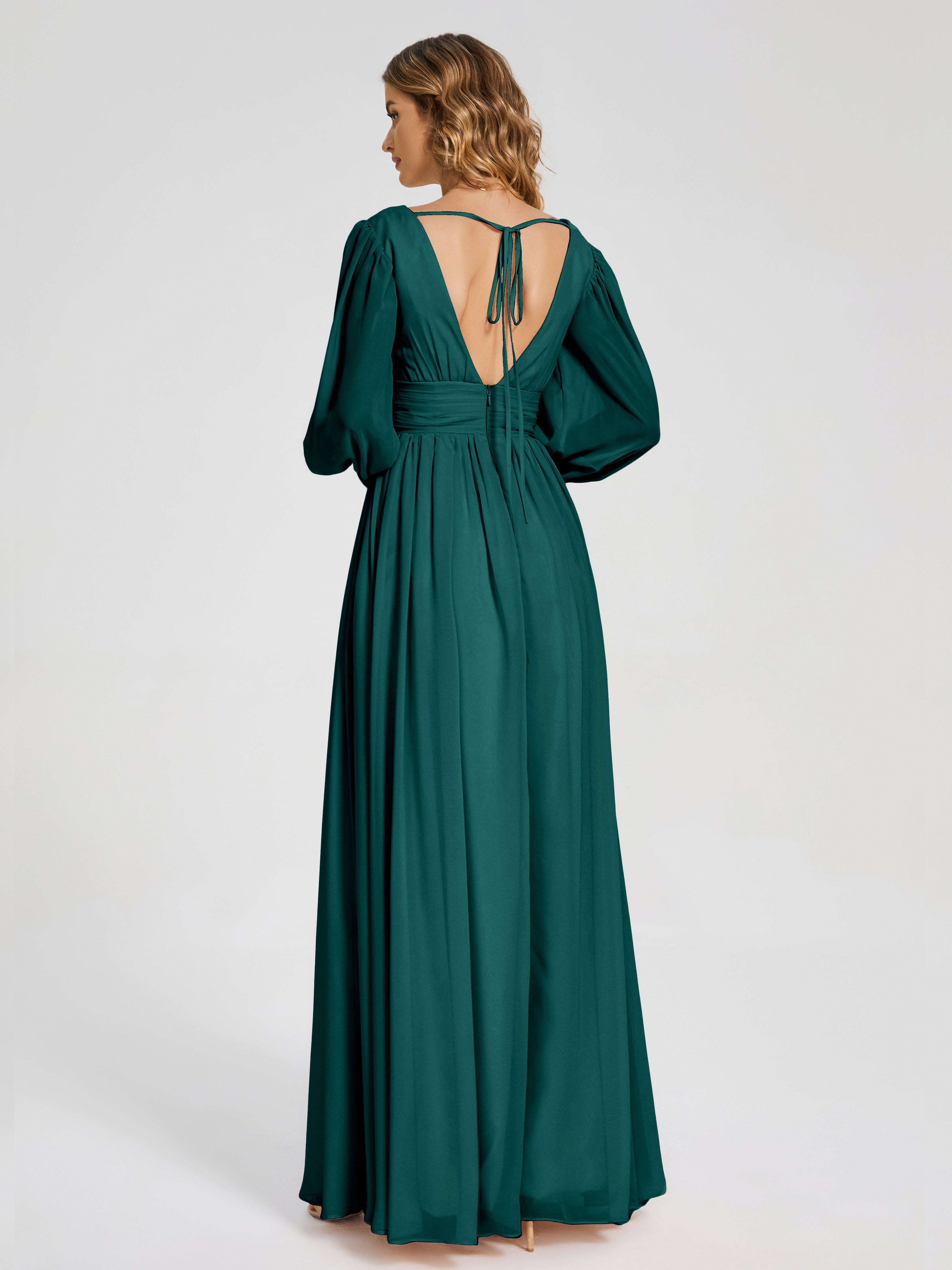 Robes De Demoiselle D'Honneur Bleu Paon Manches Longues Dos Nu Mousseline Robes Demoiselle D'Honneur
