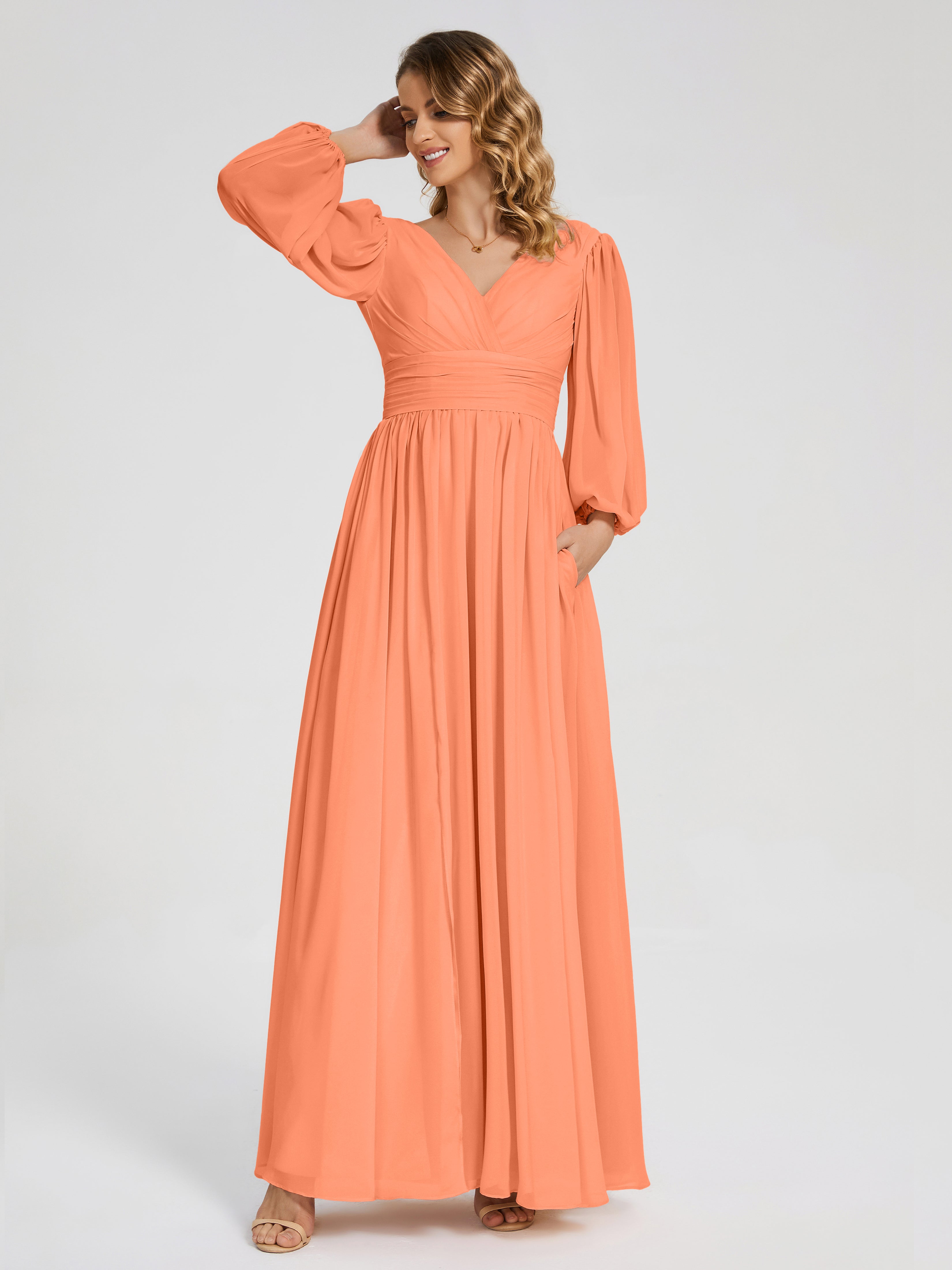 Robes De Demoiselle D'Honneur Papaye Manches Longues Dos Nu Mousseline Robes Demoiselle D'Honneur