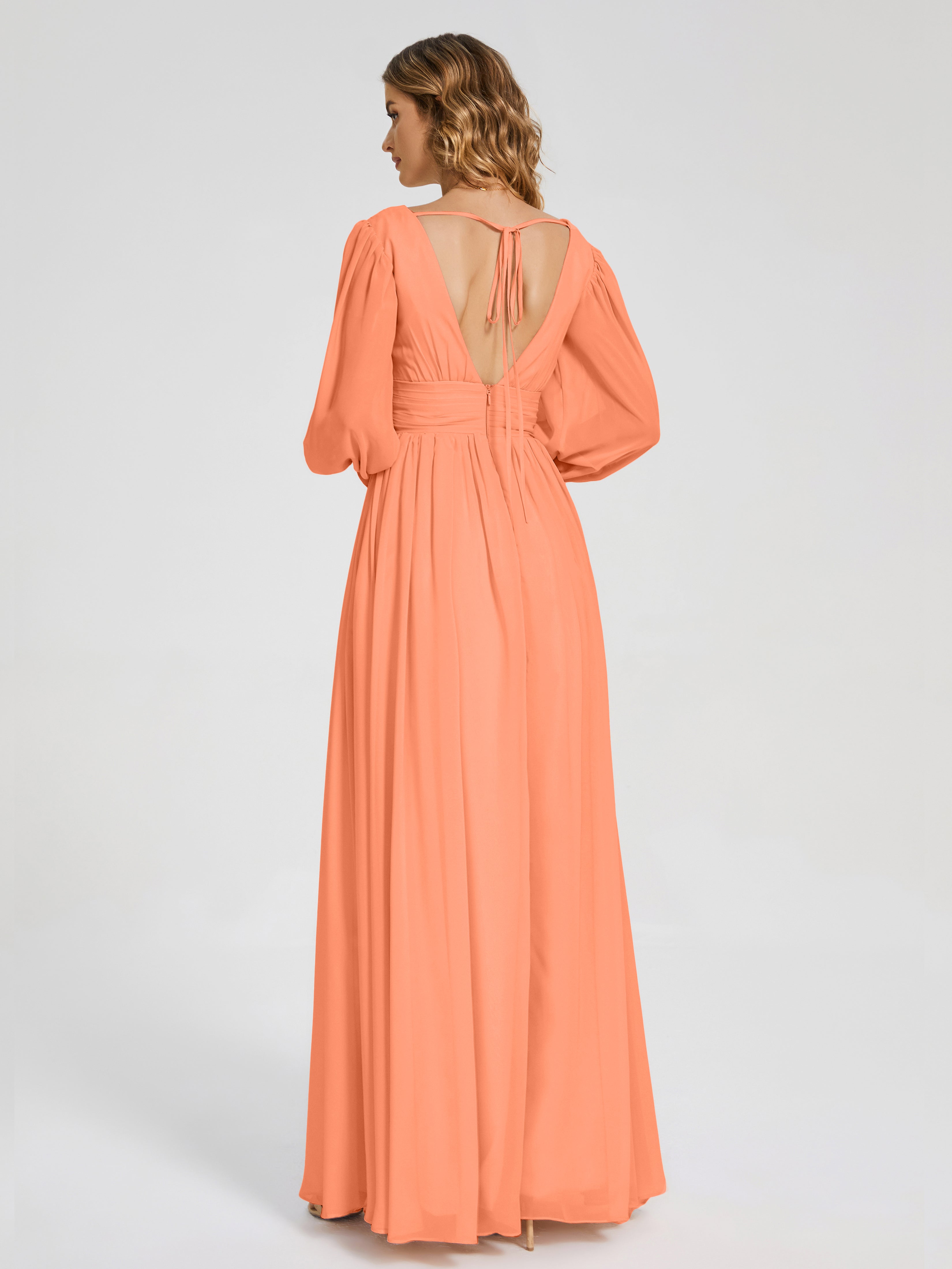 Robes De Demoiselle D'Honneur Papaye Manches Longues Dos Nu Mousseline Robes Demoiselle D'Honneur