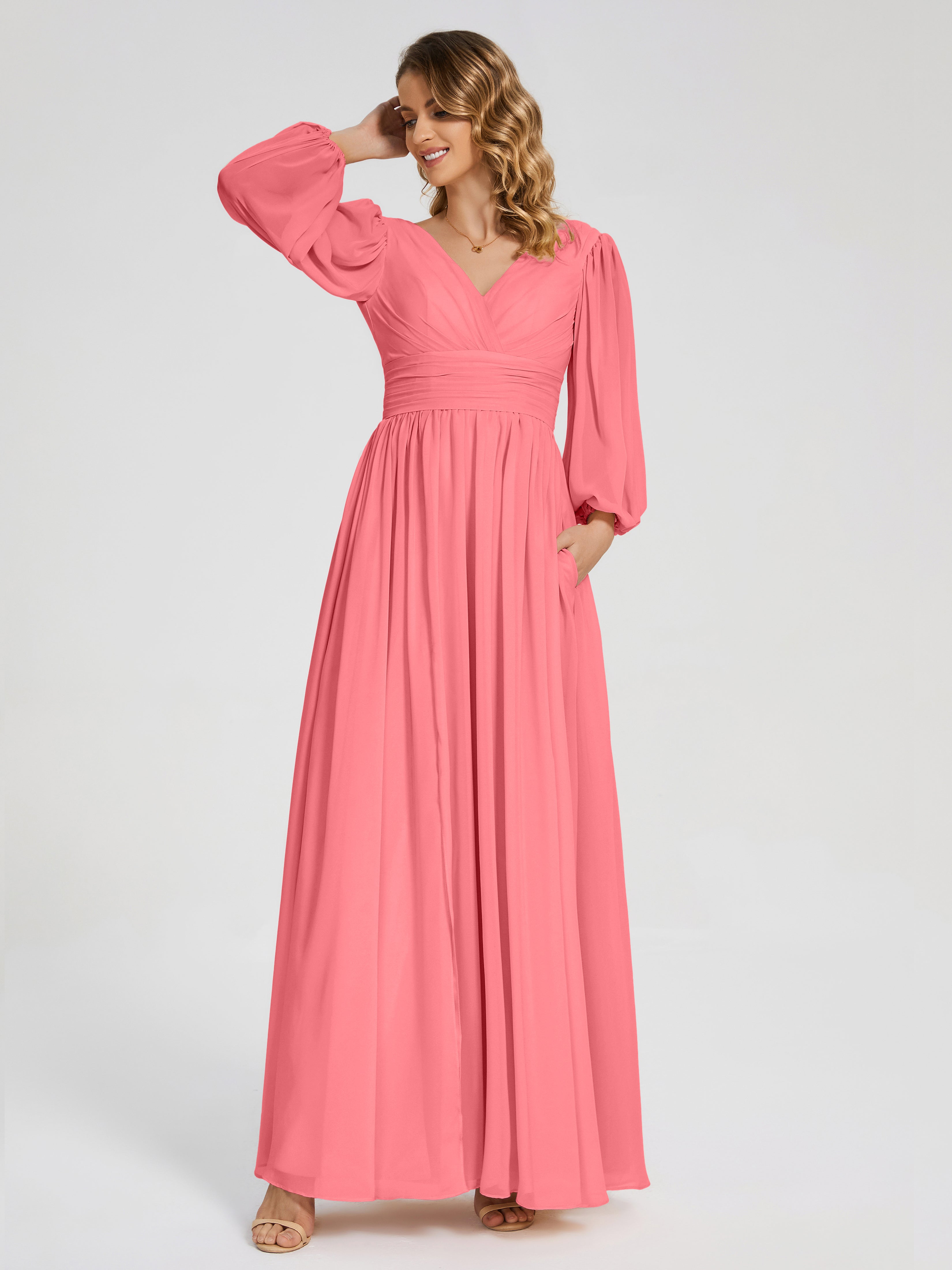 Robes De Demoiselle D'Honneur Pastèque Manches Longues Dos Nu Mousseline Robes Demoiselle D'Honneur