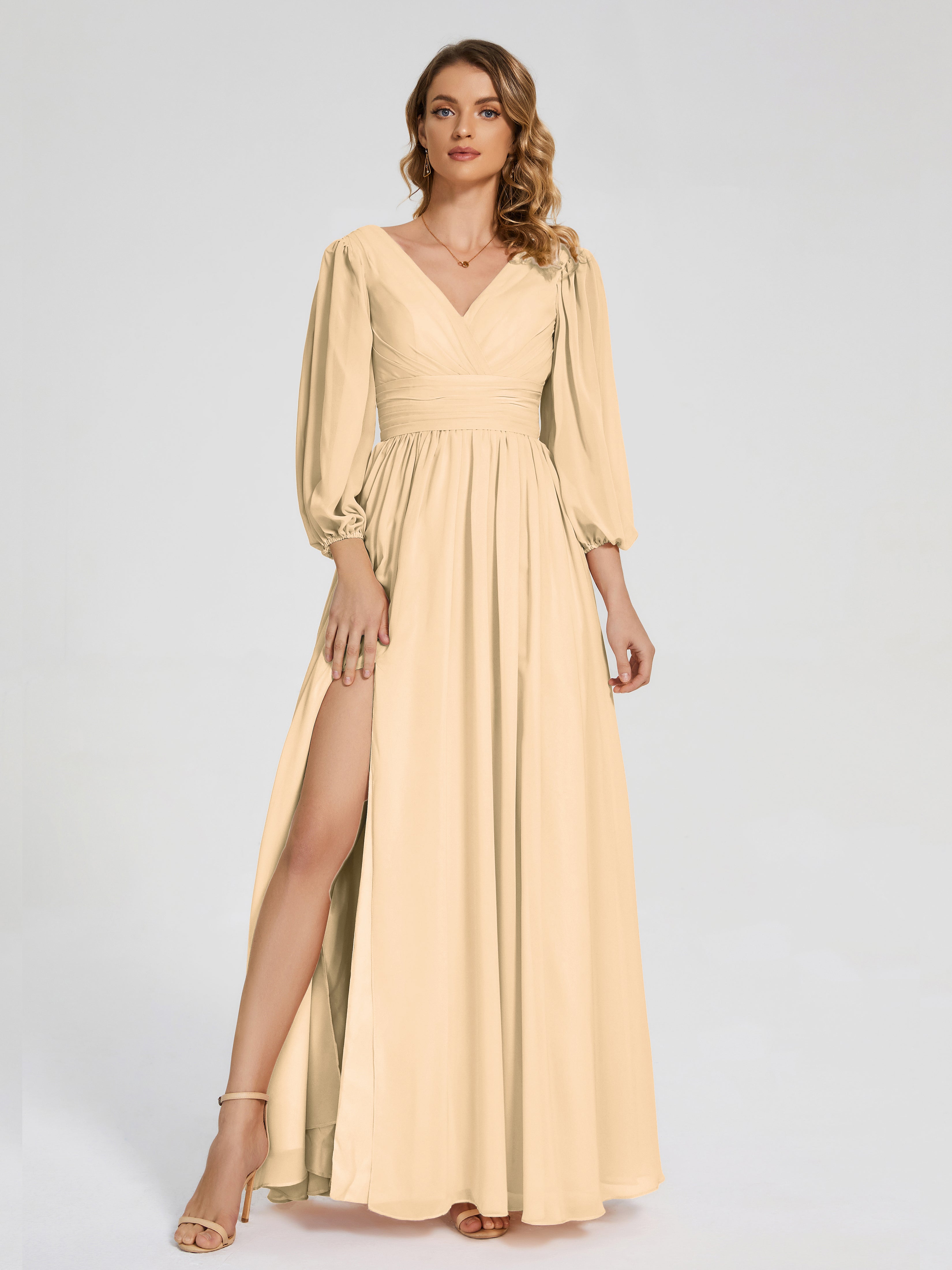 Robes De Demoiselle D'Honneur Rose Pêche Manches Longues Dos Nu Mousseline Robes Demoiselle D'Honneur