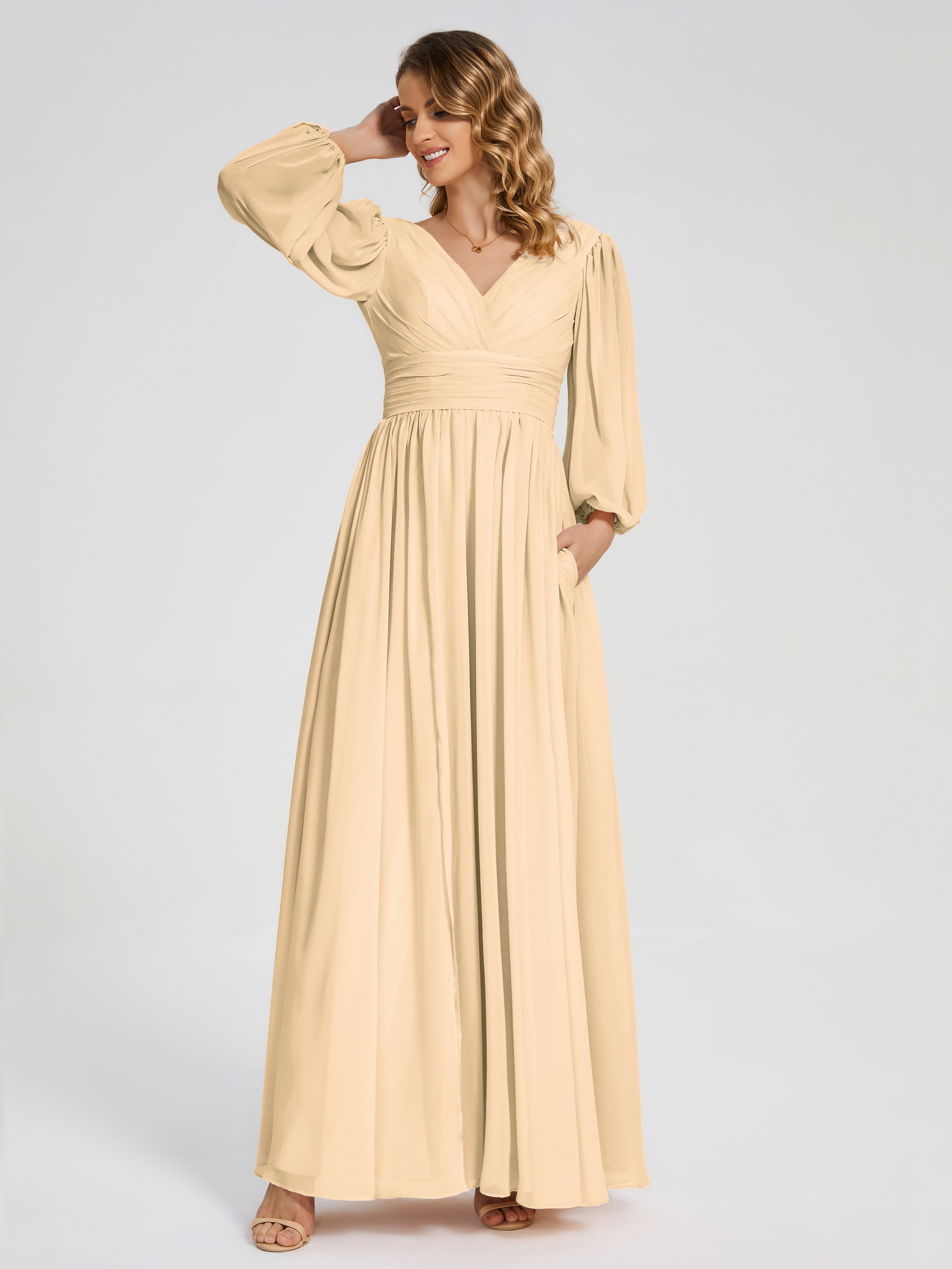 Robes De Demoiselle D'Honneur Rose Pêche Manches Longues Dos Nu Mousseline Robes Demoiselle D'Honneur