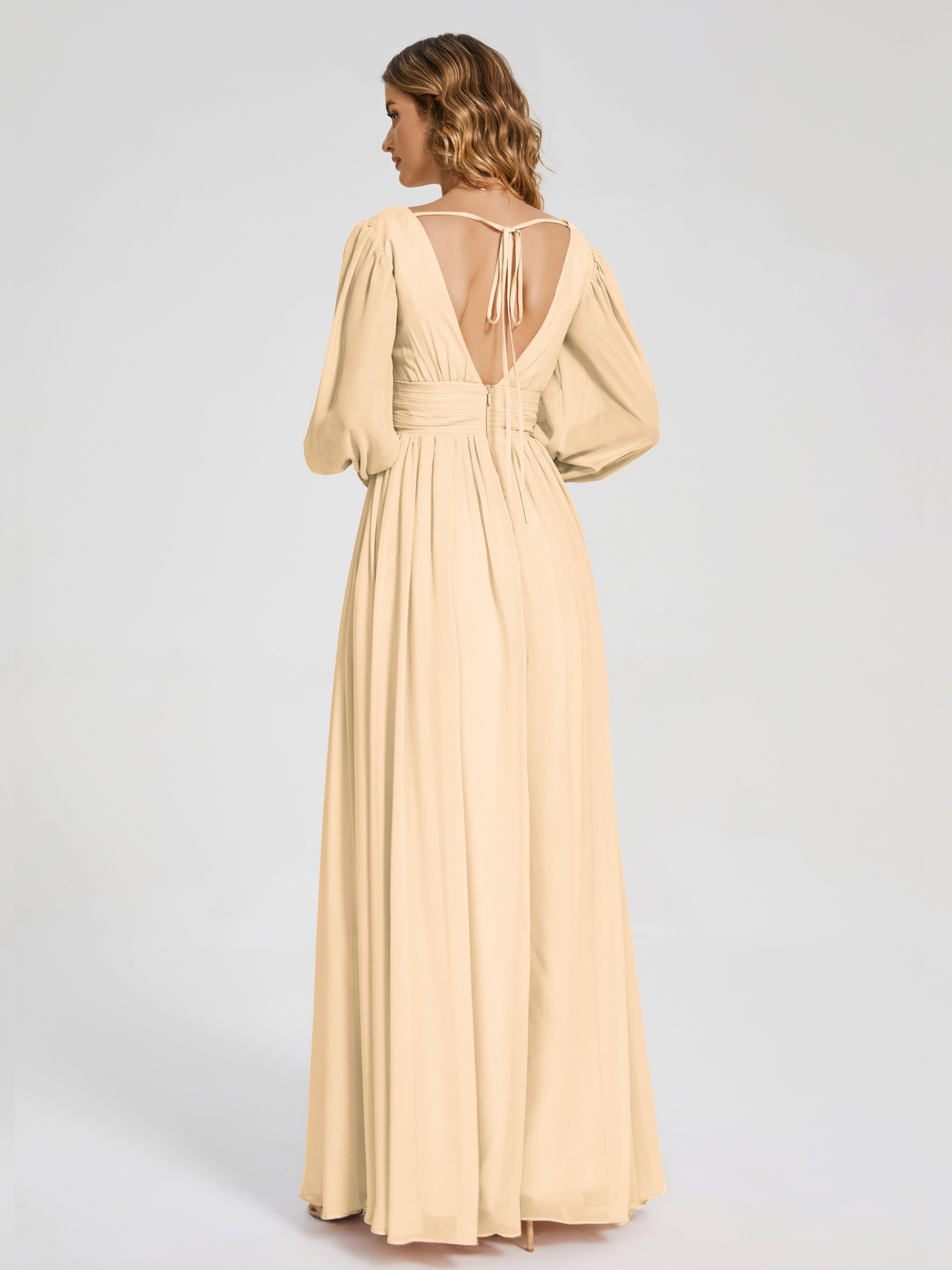 Robes De Demoiselle D'Honneur Rose Pêche Manches Longues Dos Nu Mousseline Robes Demoiselle D'Honneur