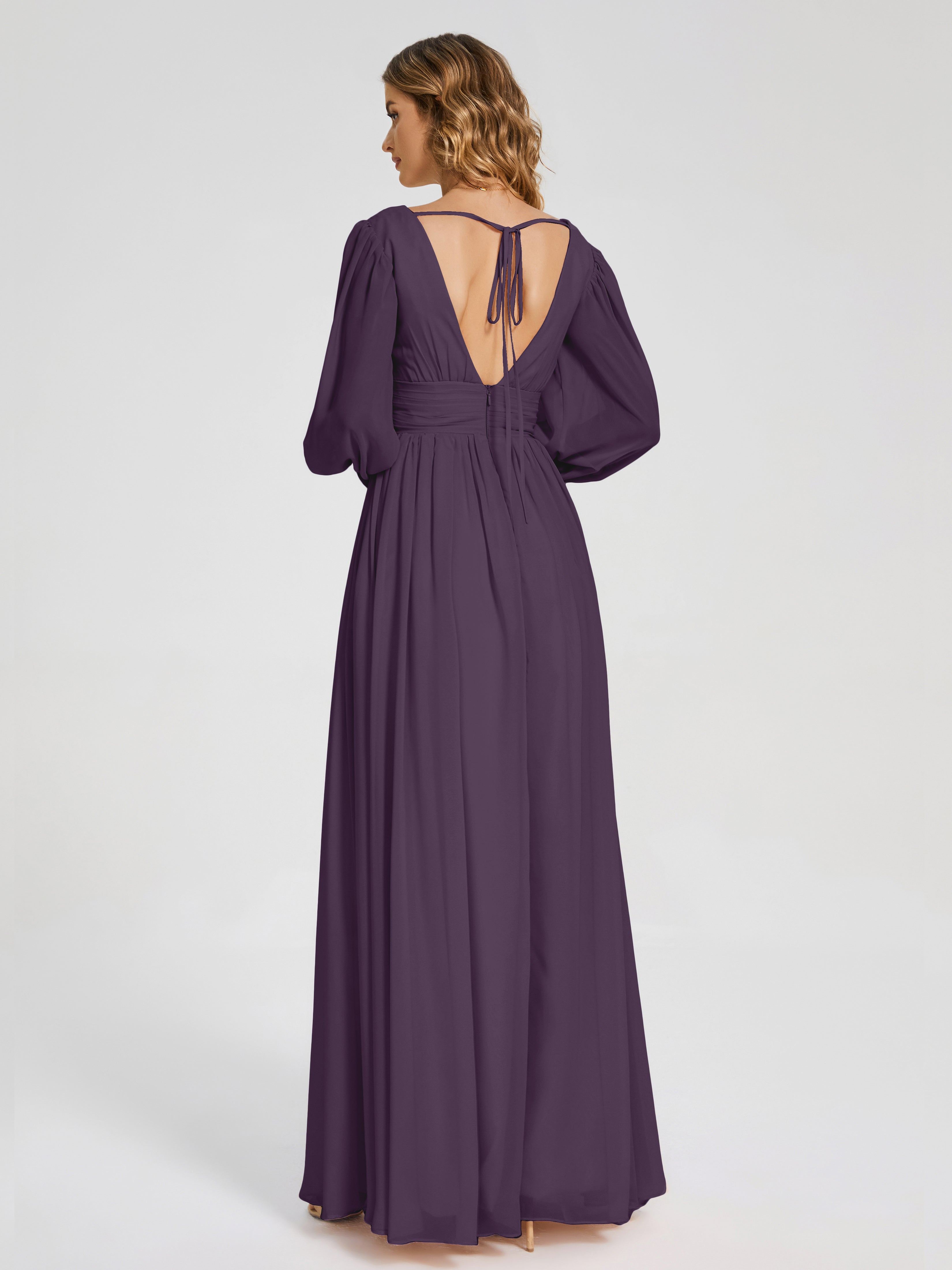 Robe Demoiselle D Honneur Plume Manches Longues Dos Nu Mousseline Robes Demoiselle D'Honneur