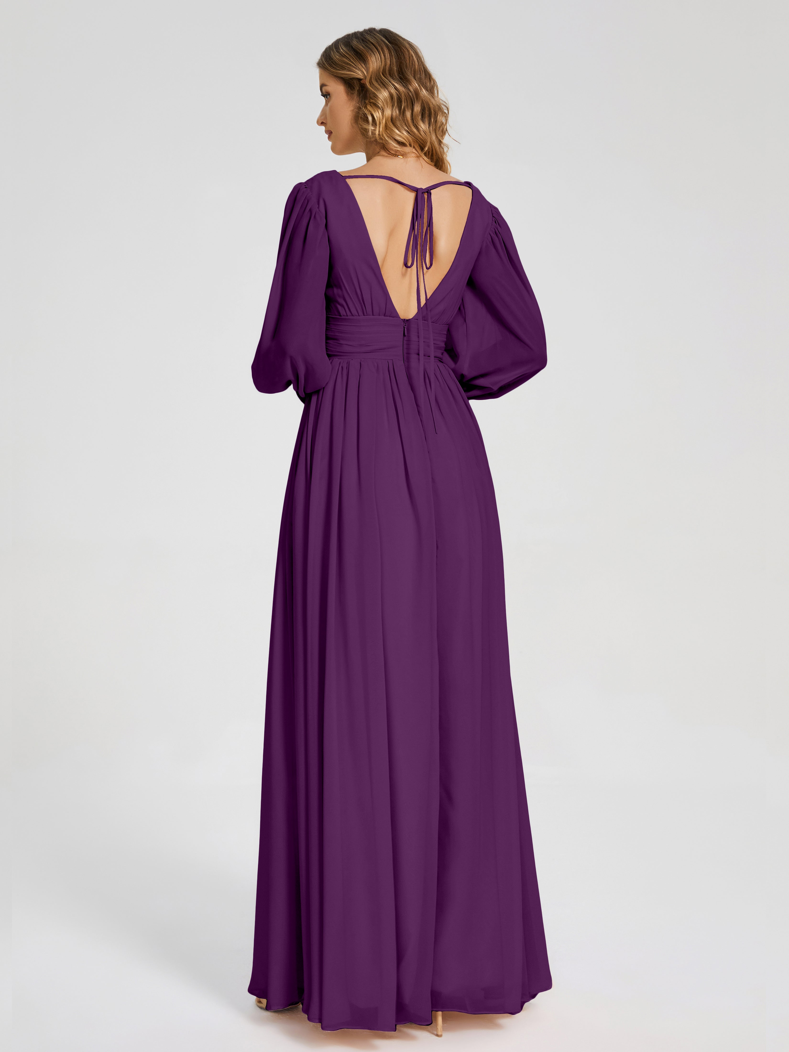 Robes De Demoiselle D'Honneur En Raisin Manches Longues Dos Nu Mousseline Robes Demoiselle D'Honneur