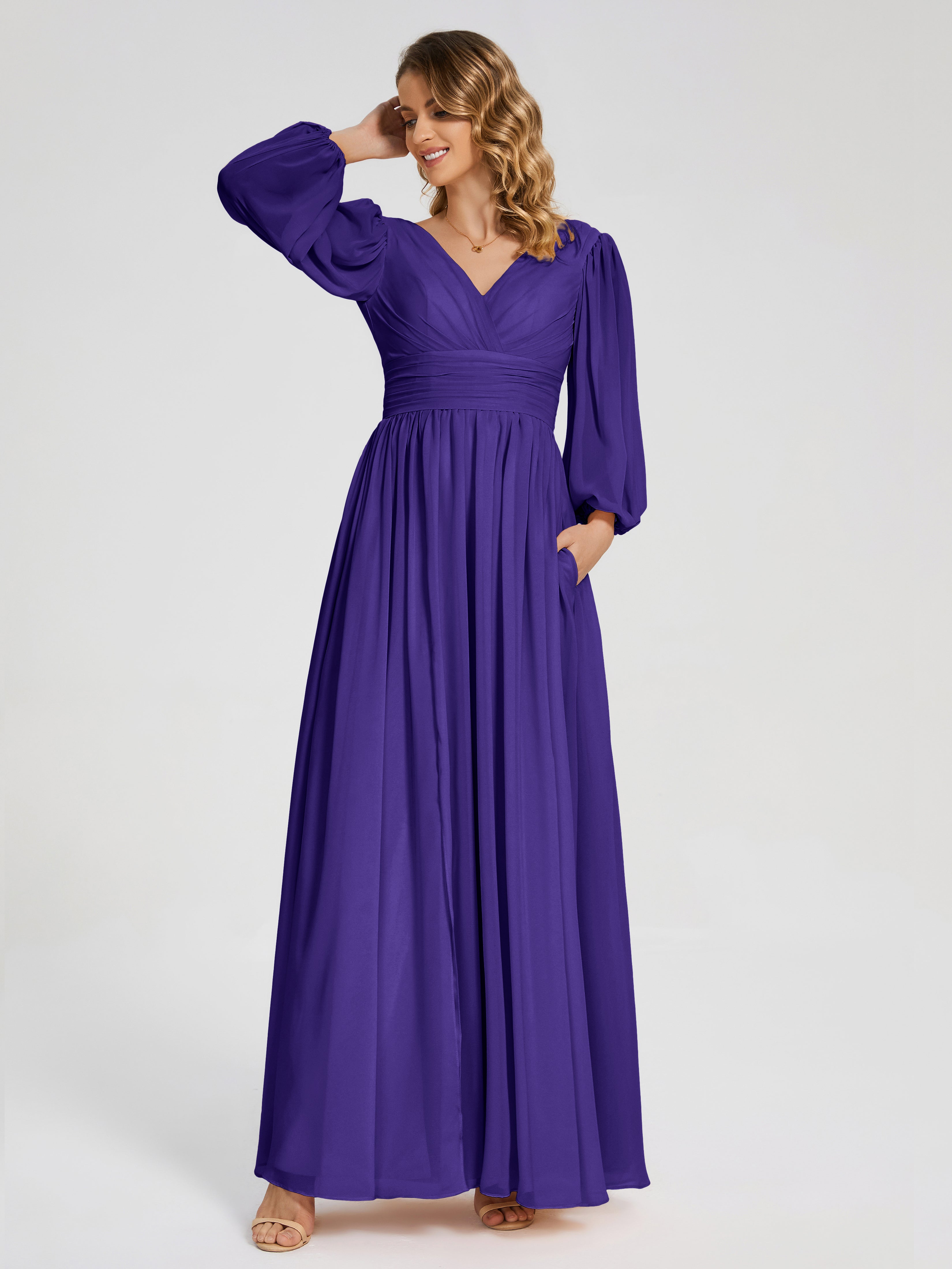 Robes De Demoiselle D'Honneur En Régence Manches Longues Dos Nu Mousseline Robes Demoiselle D'Honneur