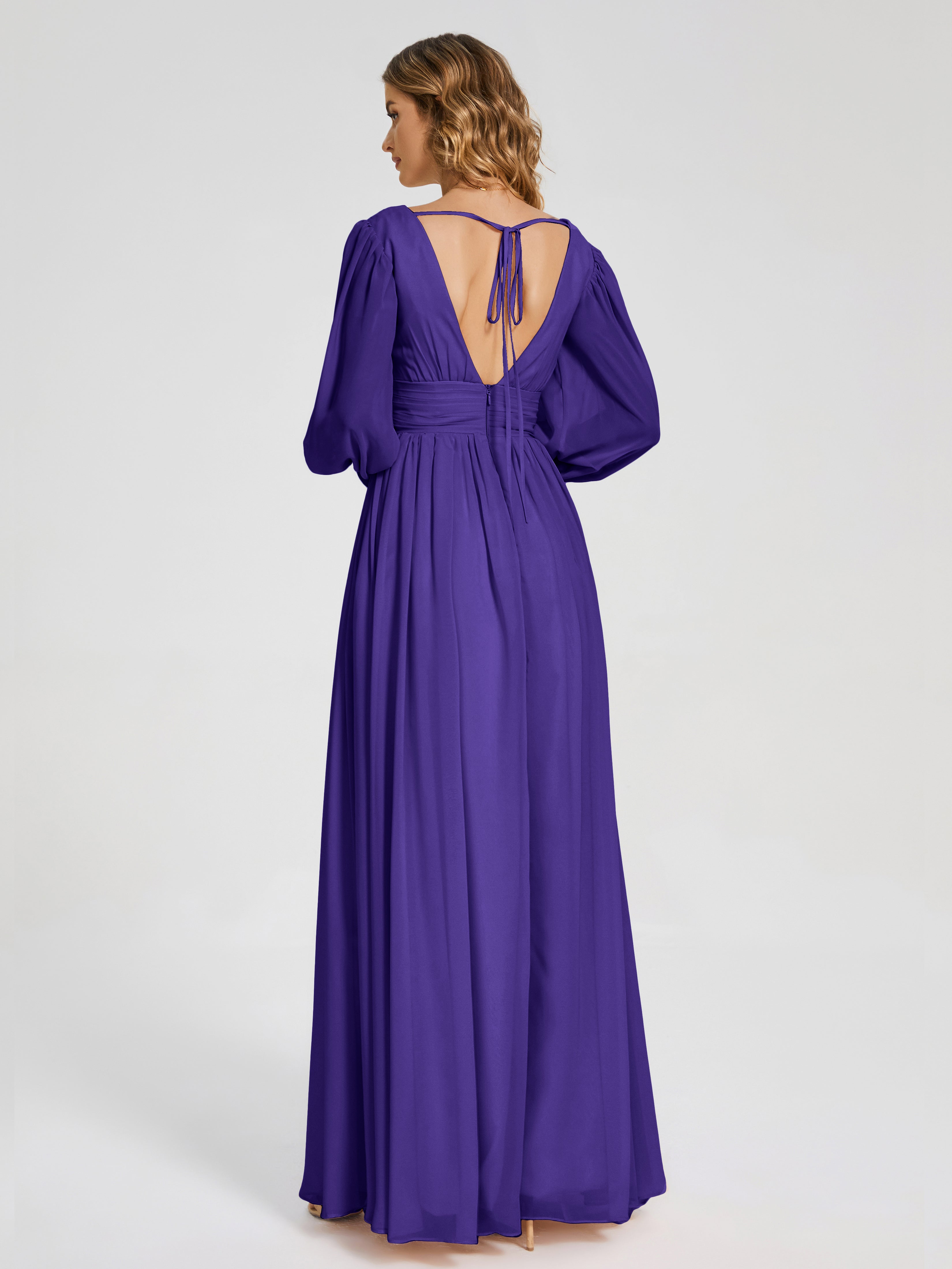 Robes De Demoiselle D'Honneur En Régence Manches Longues Dos Nu Mousseline Robes Demoiselle D'Honneur