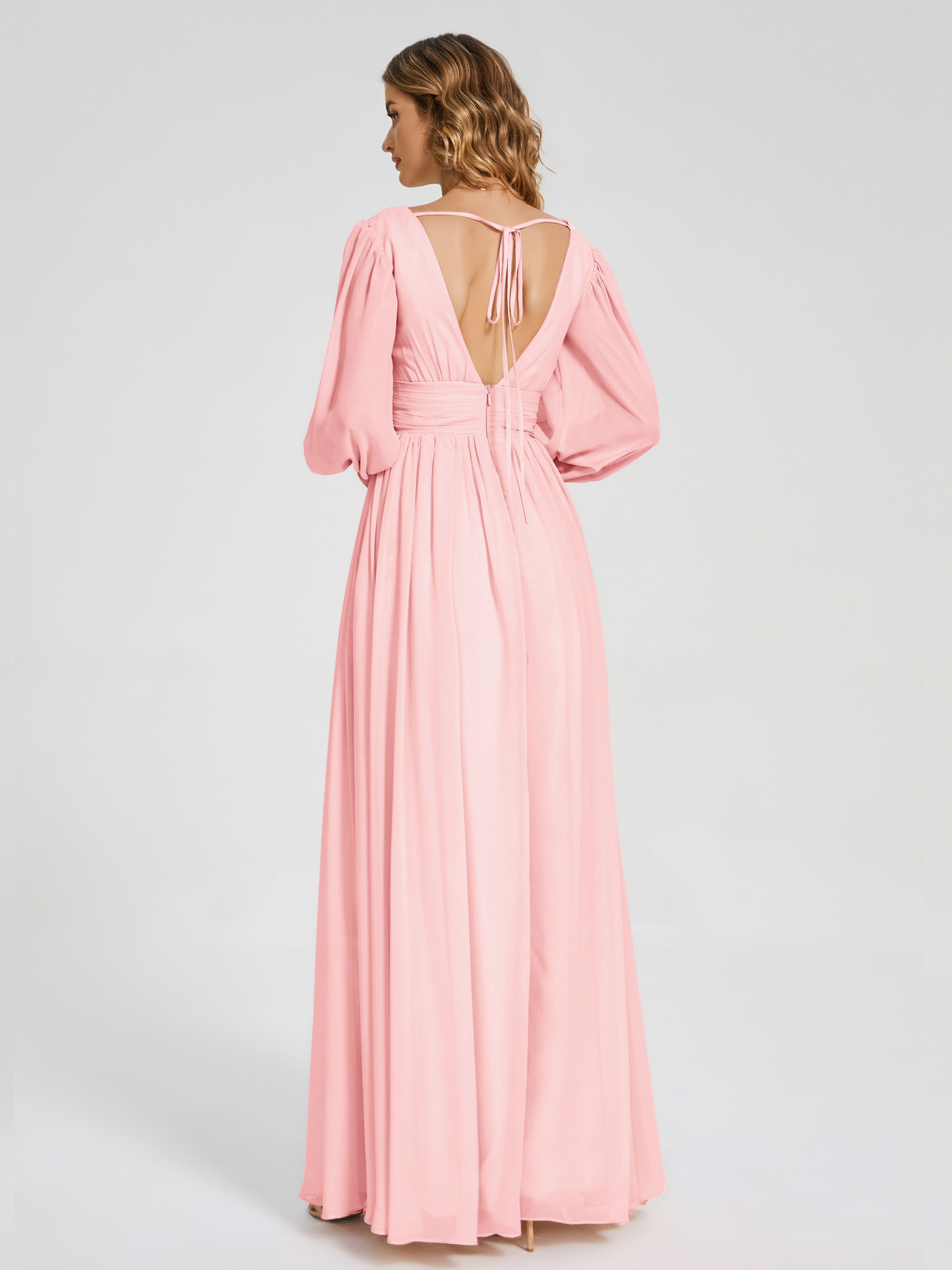 Robes De Demoiselle D'Honneur Rose Du Désert Manches Longues Dos Nu Mousseline Robes Demoiselle D'Honneur