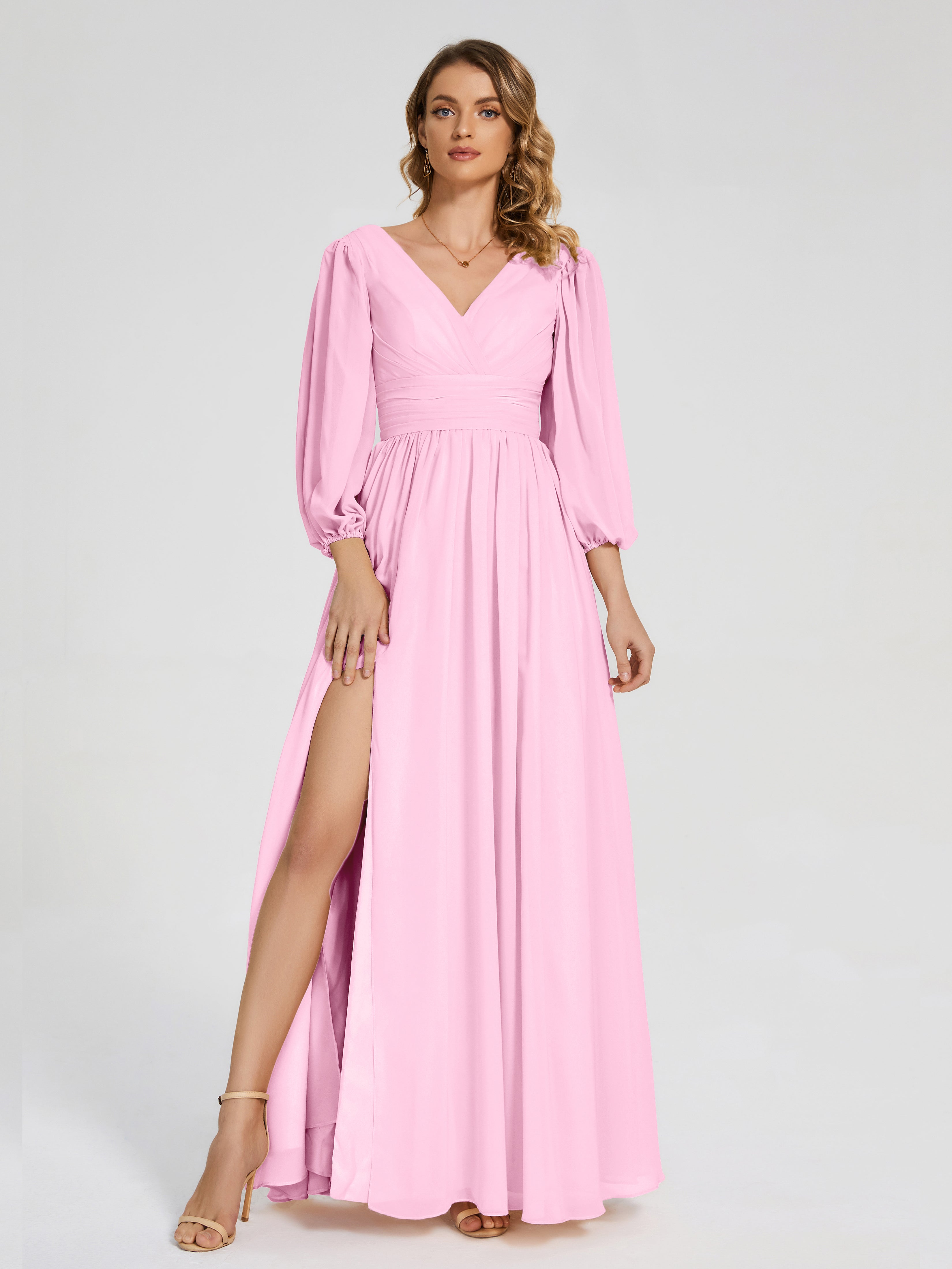Robe Demoiselle D Honneur Rose Bonbon Manches Longues Dos Nu Mousseline Robes Demoiselle D'Honneur