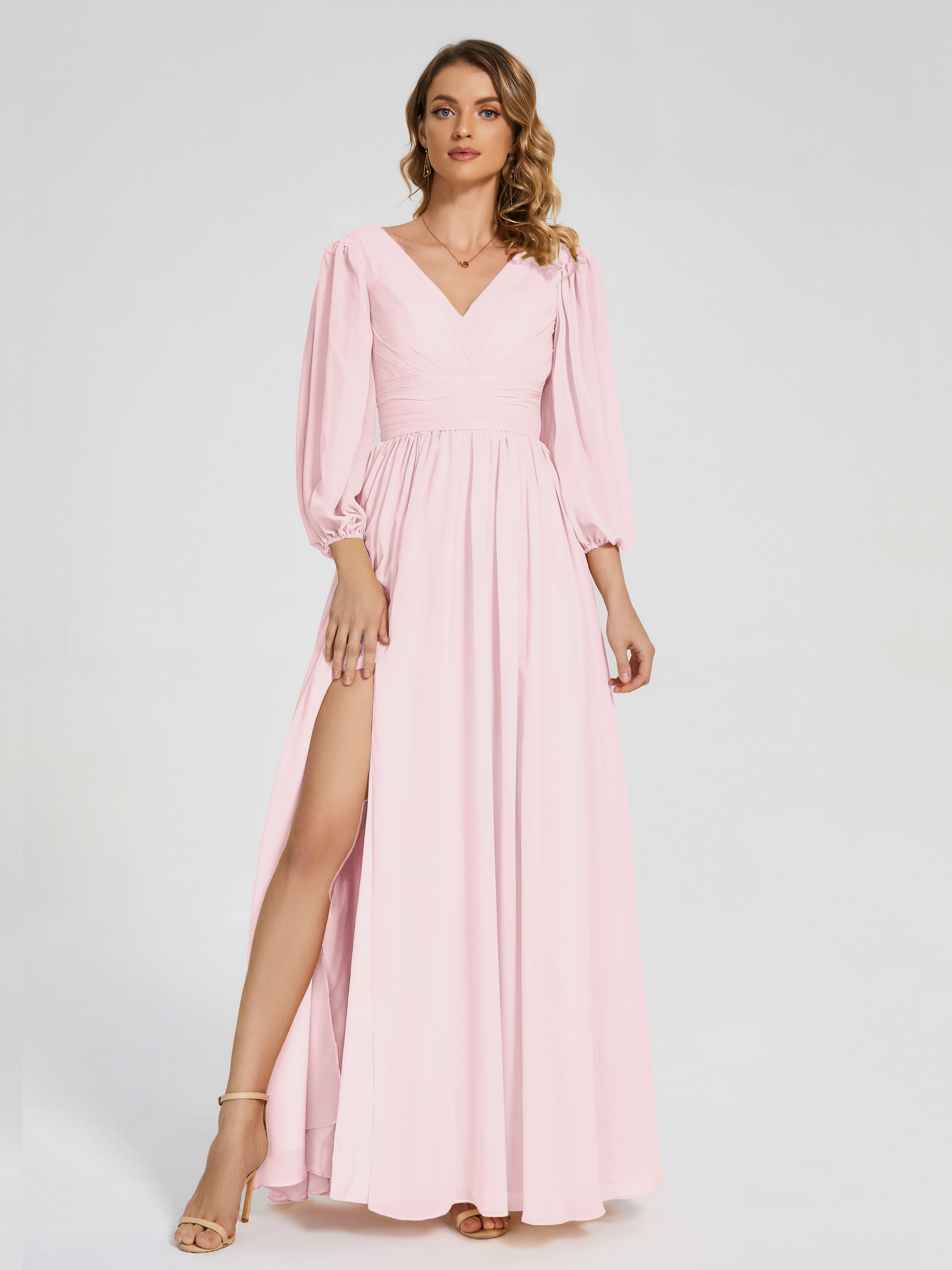Robe Demoiselle D Honneur Rose Pale Manches Longues Dos Nu Mousseline Robes Demoiselle D'Honneur