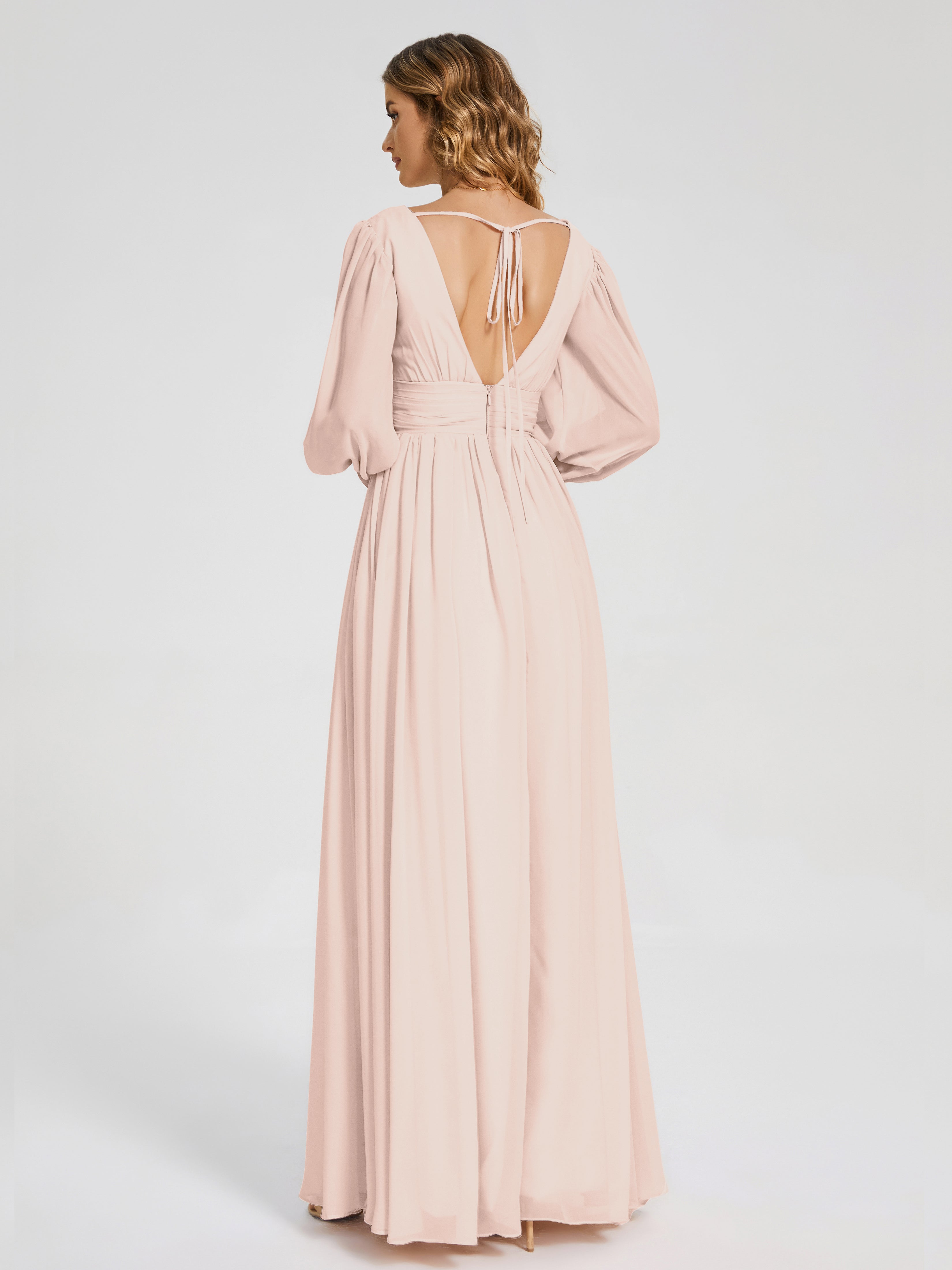 Robe Demoiselle D Honneur Rose Perle Manches Longues Dos Nu Mousseline Robes Demoiselle D'Honneur