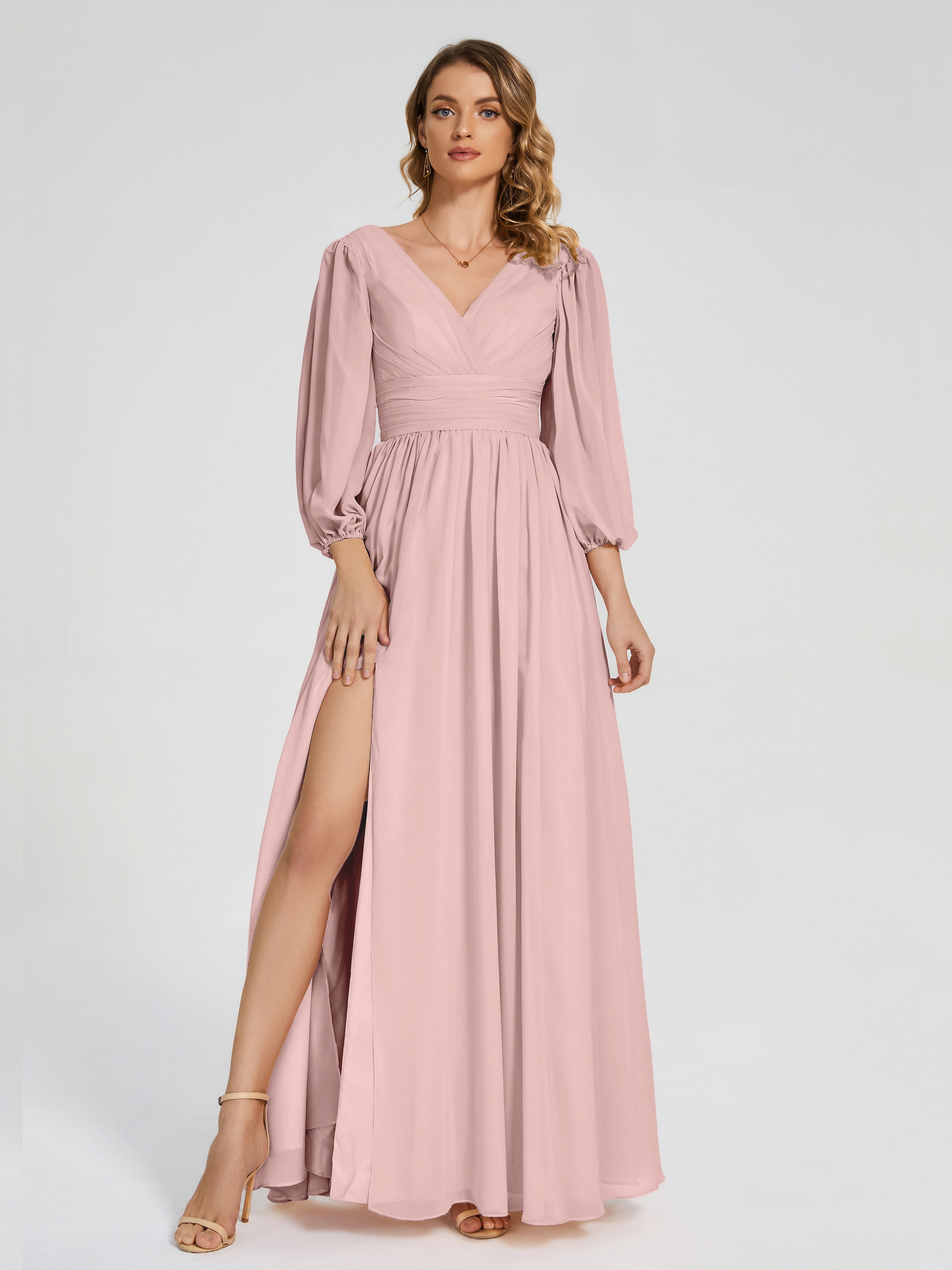 Robes De Demoiselle D'Honneur Couleur Rose Poudrée Manches Longues Dos Nu Mousseline Robes Demoiselle D'Honneur