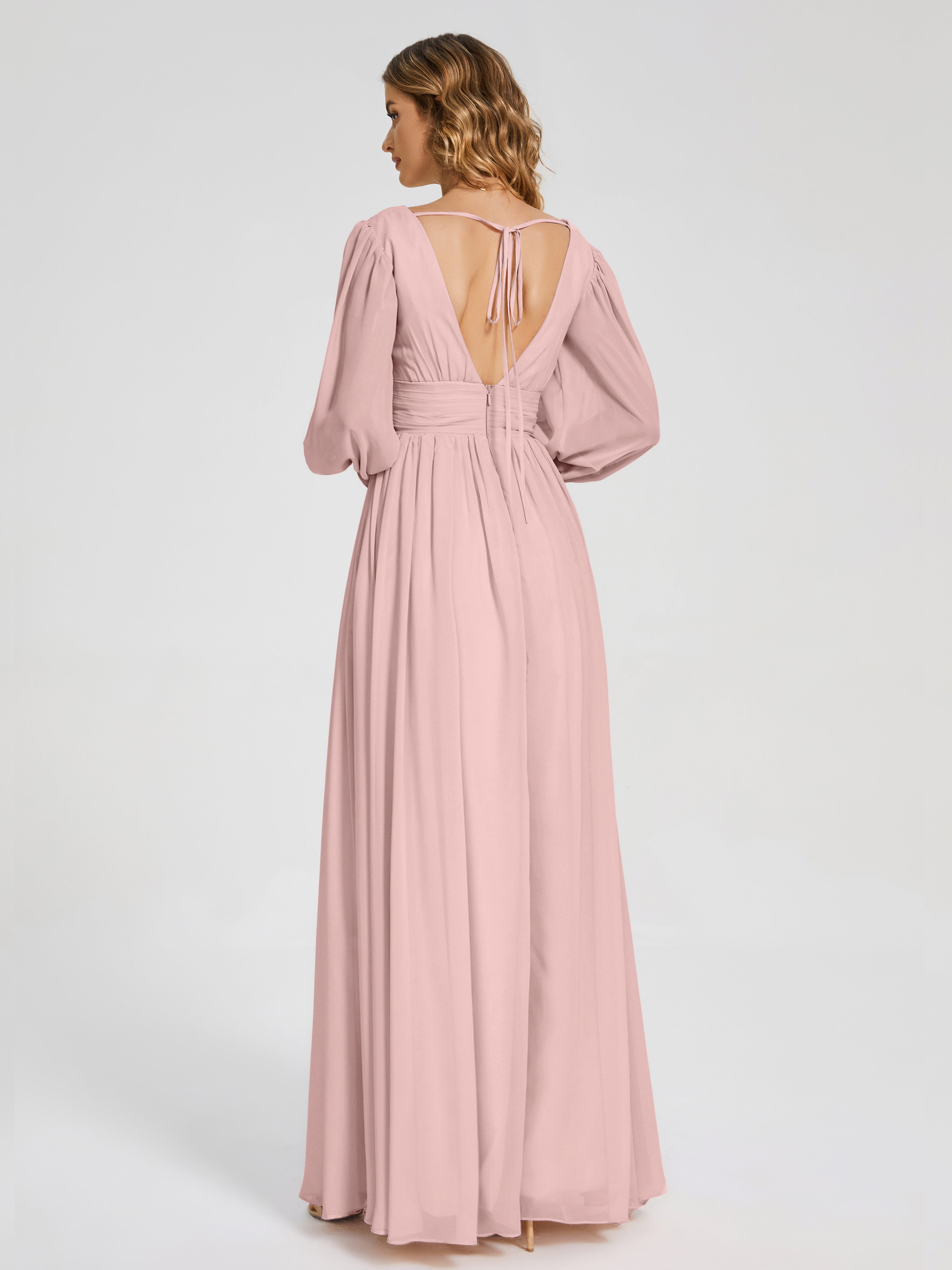 Robes De Demoiselle D'Honneur Couleur Rose Poudrée Manches Longues Dos Nu Mousseline Robes Demoiselle D'Honneur
