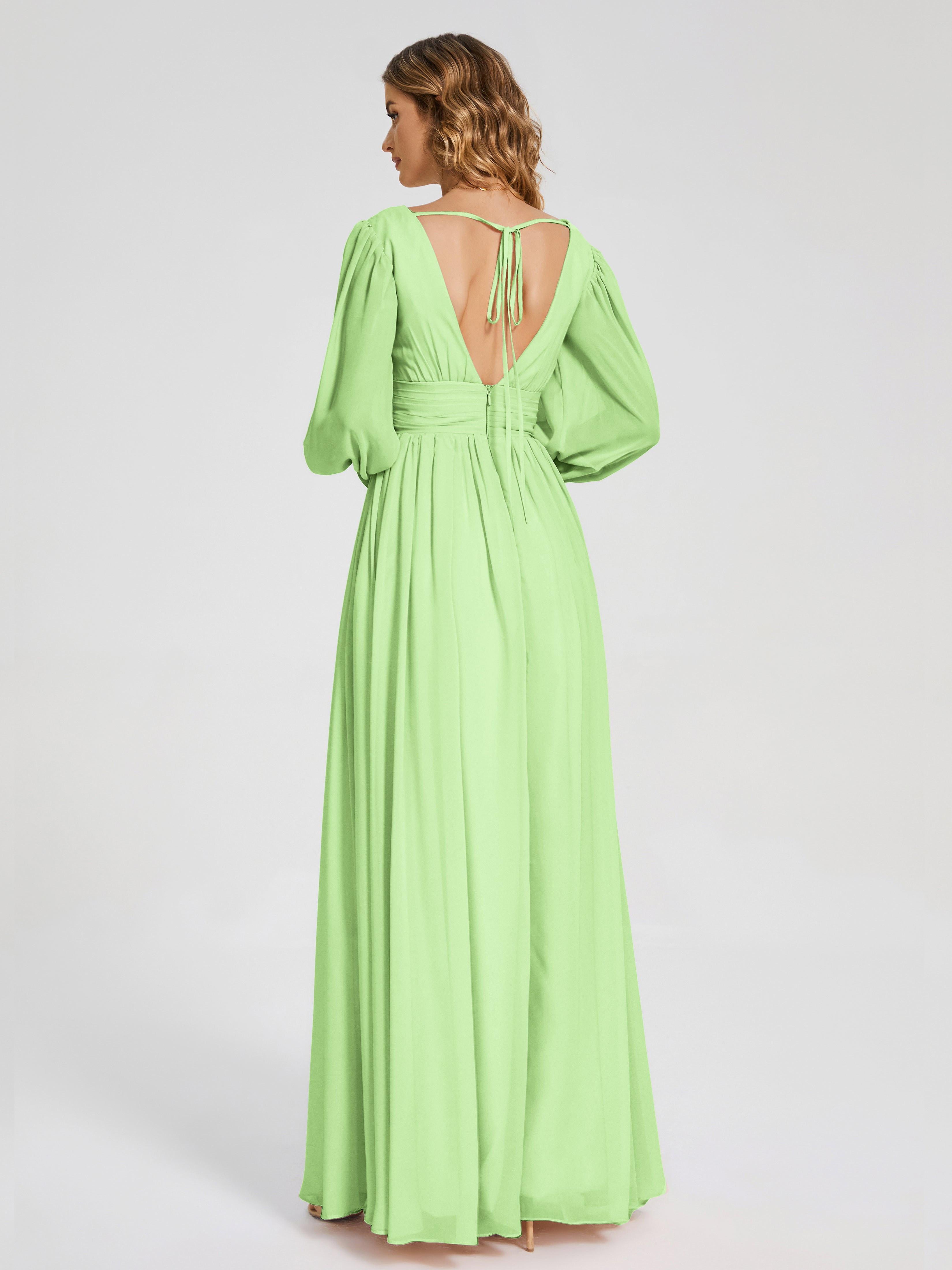 Demoiselle D'Honneur Vert Sauge Manches Longues Dos Nu Mousseline Robes Demoiselle D'Honneur