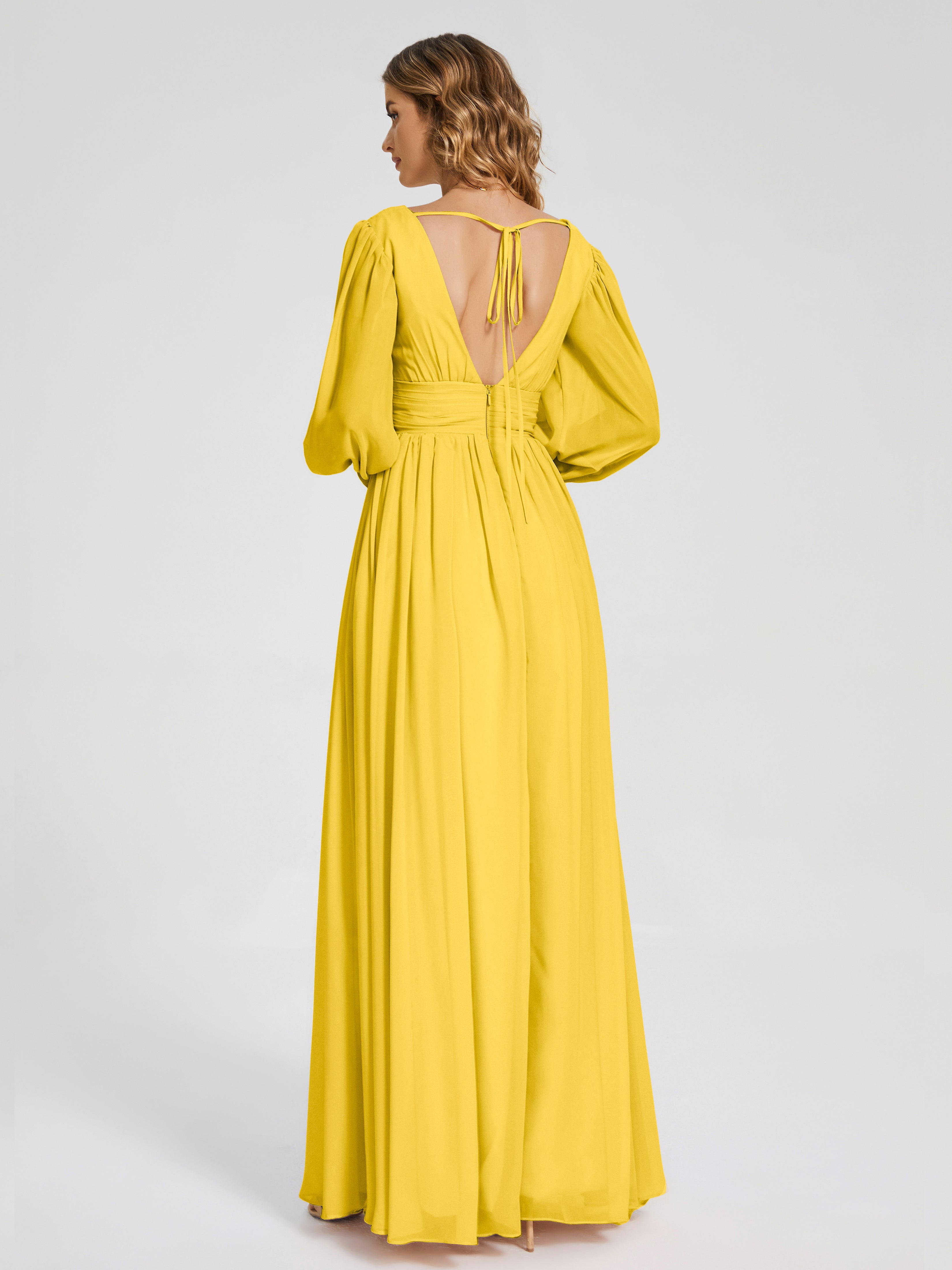 Robe De Demoiselle D'Honneur Souci Manches Longues Dos Nu Mousseline Robes Demoiselle D'Honneur