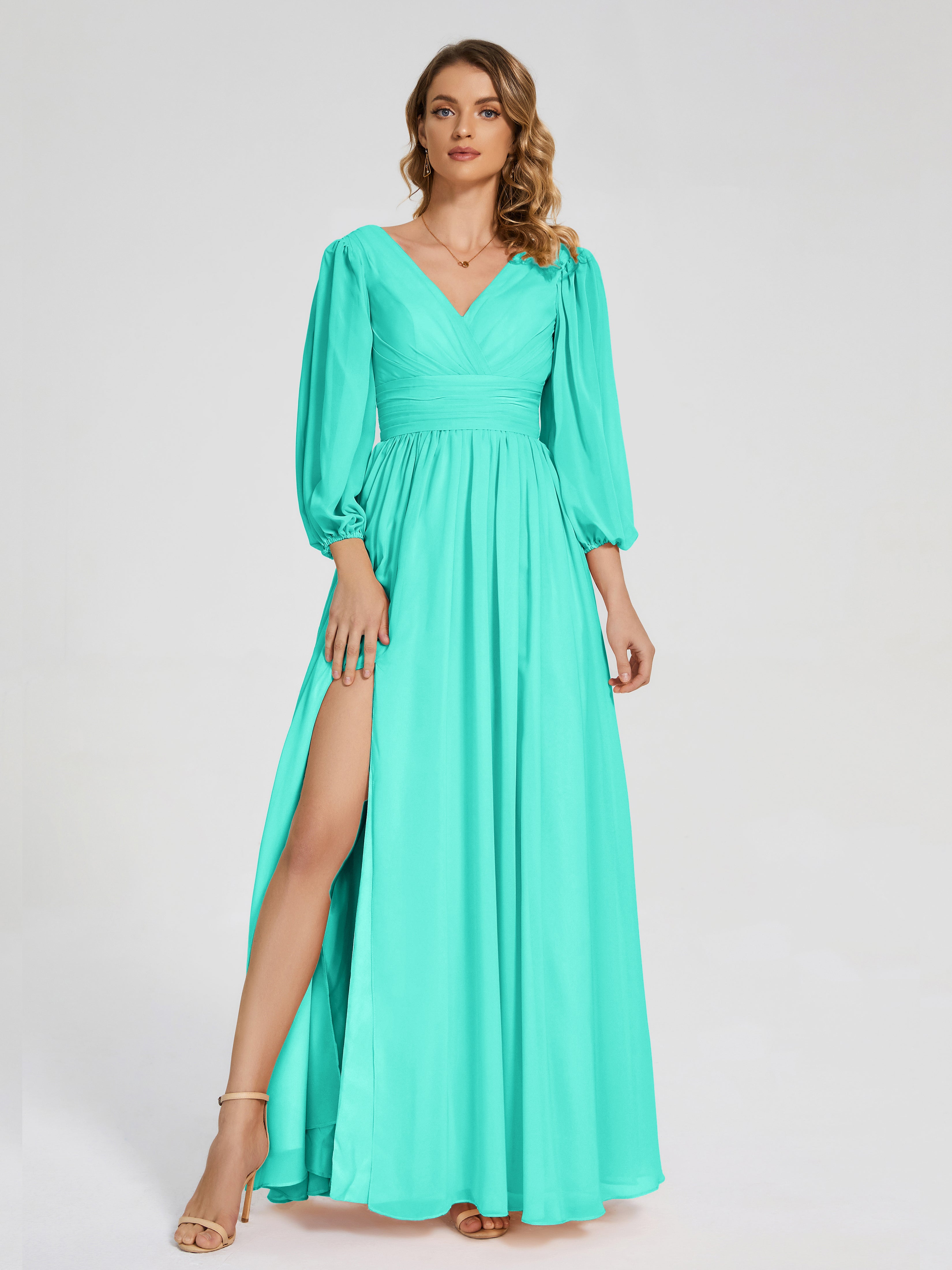 Robes De Demoiselle D'Honneur Spa Manches Longues Dos Nu Mousseline Robes Demoiselle D'Honneur