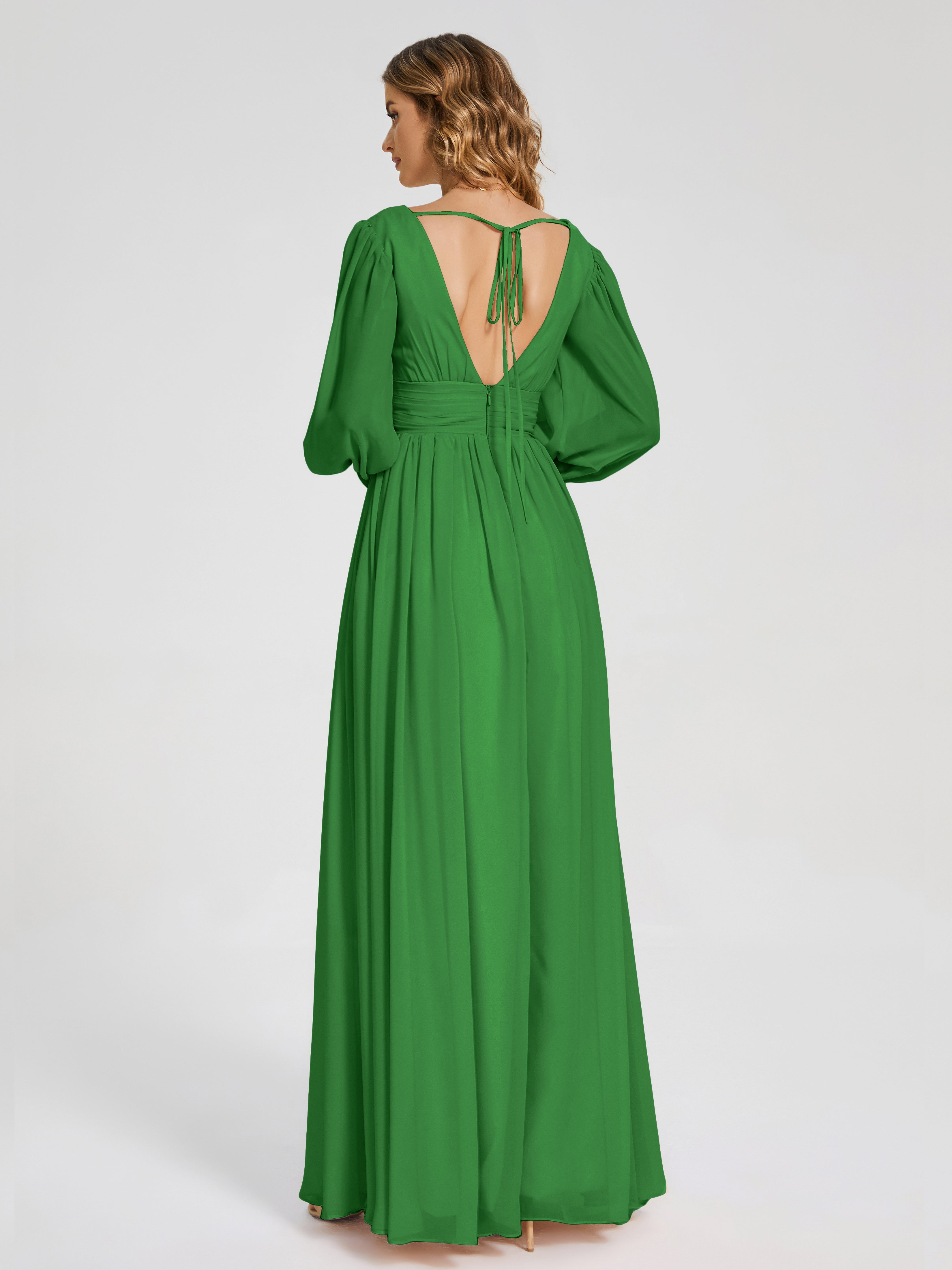 Robes De Demoiselle D'Honneur Vertes Manches Longues Dos Nu Mousseline Robes Demoiselle D'Honneur